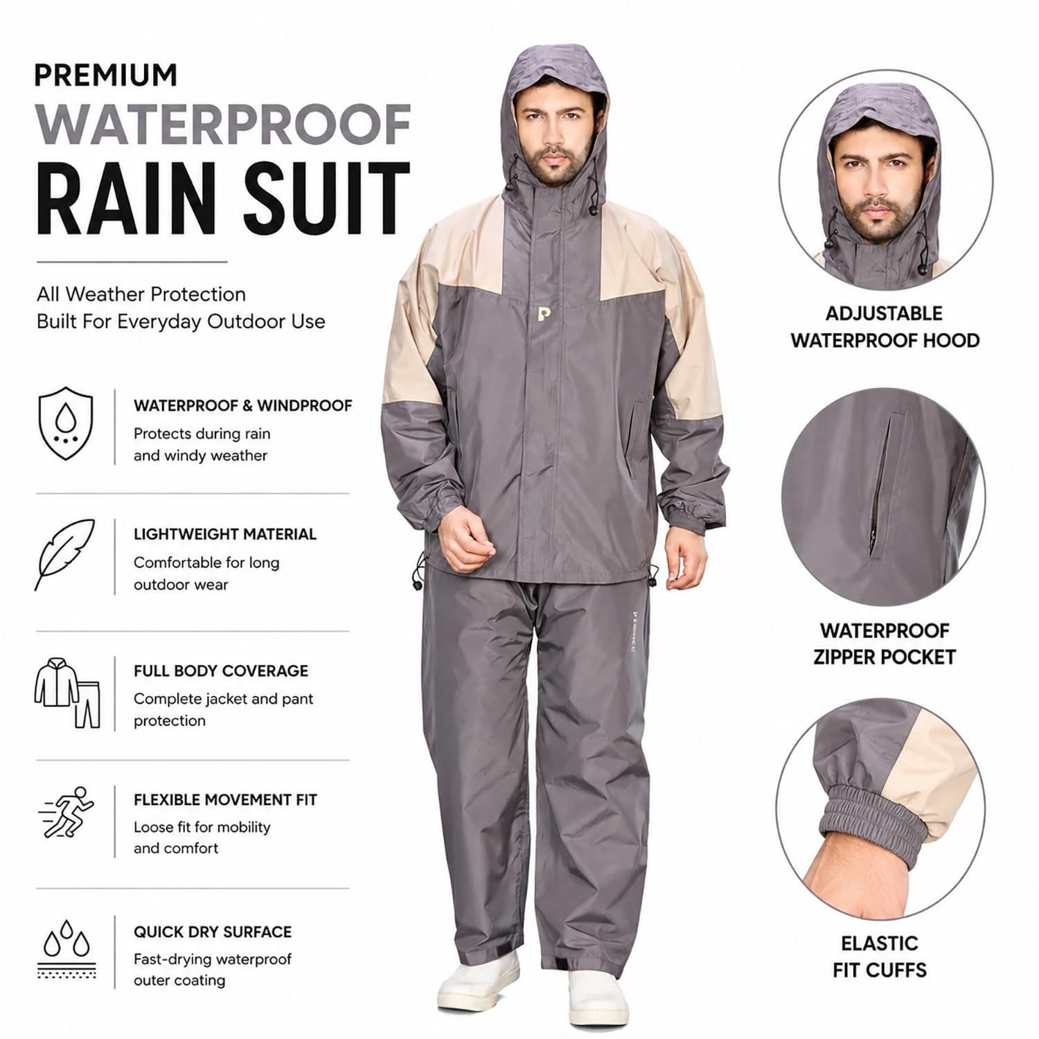 Prince STAR Men’s Waterproof Raincoat Suit with Hood | High Neck Jacket & Pant Set for Bike Riding | Premium Windproof Leakproof Rainwear with Carry Pouch (XL, GRAY) 1