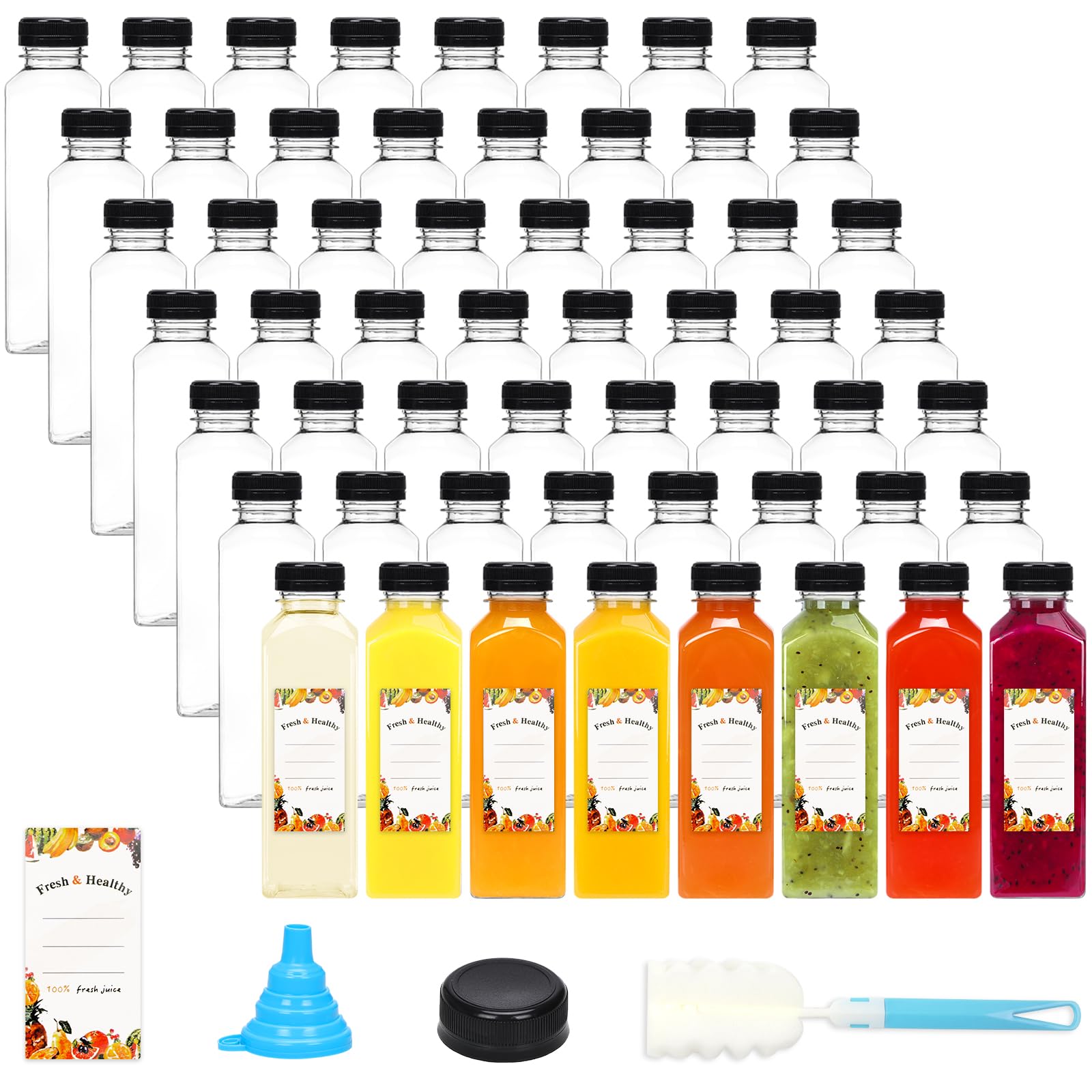 Moretoes 56 botellas de jugo de plástico de 16 onzas con tapas, transparente vacía, reutilizable, desechable, con embudo de cepillo y etiquetas, recipientes para café, batidos, leche de jengibre y