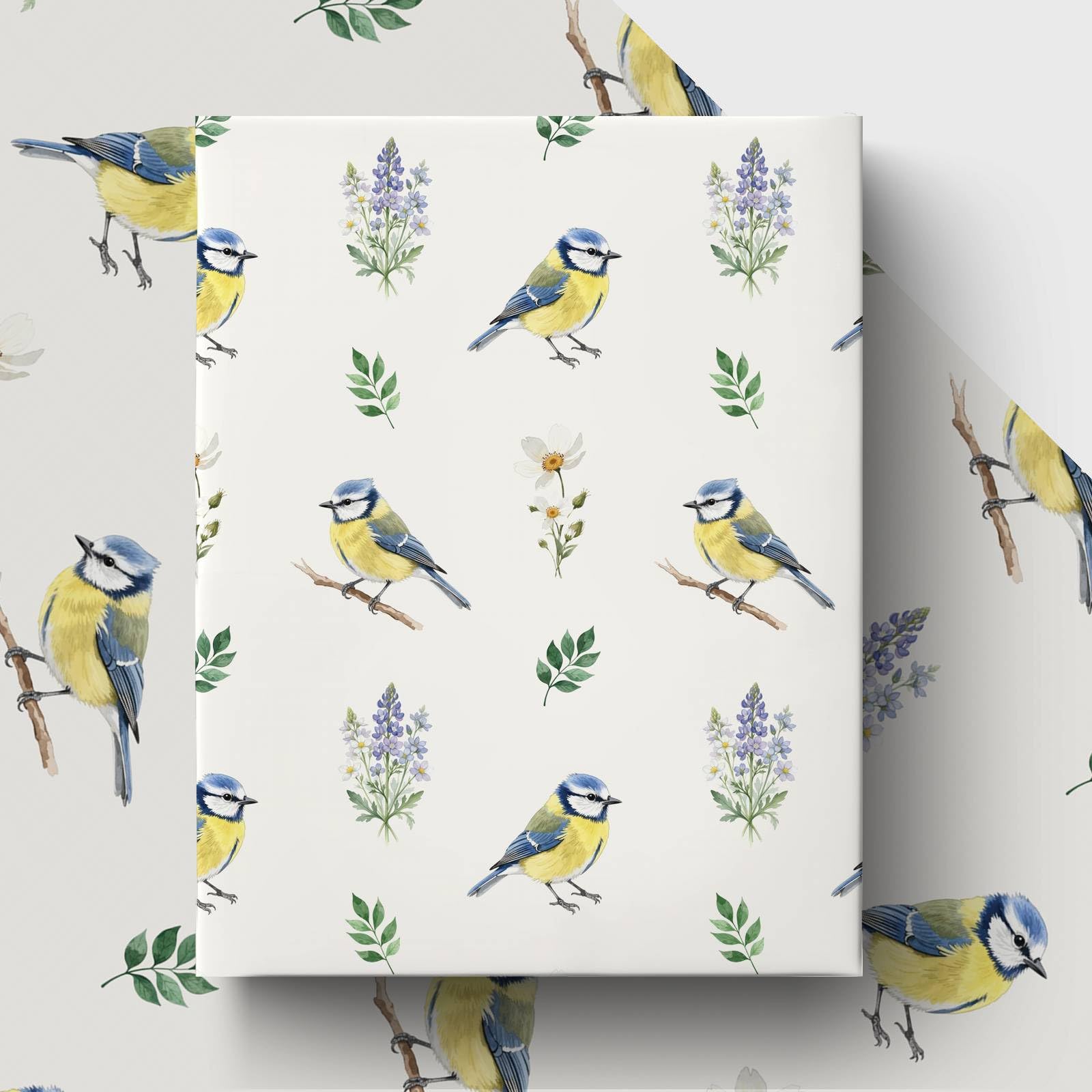 GleeWrap Blue Tit Wrapping Paper, 4 Sheets Botanical Flower Bird Gift Wrap for Birthday Housewarming and Nature Enthusiast, 50 x 70 cm