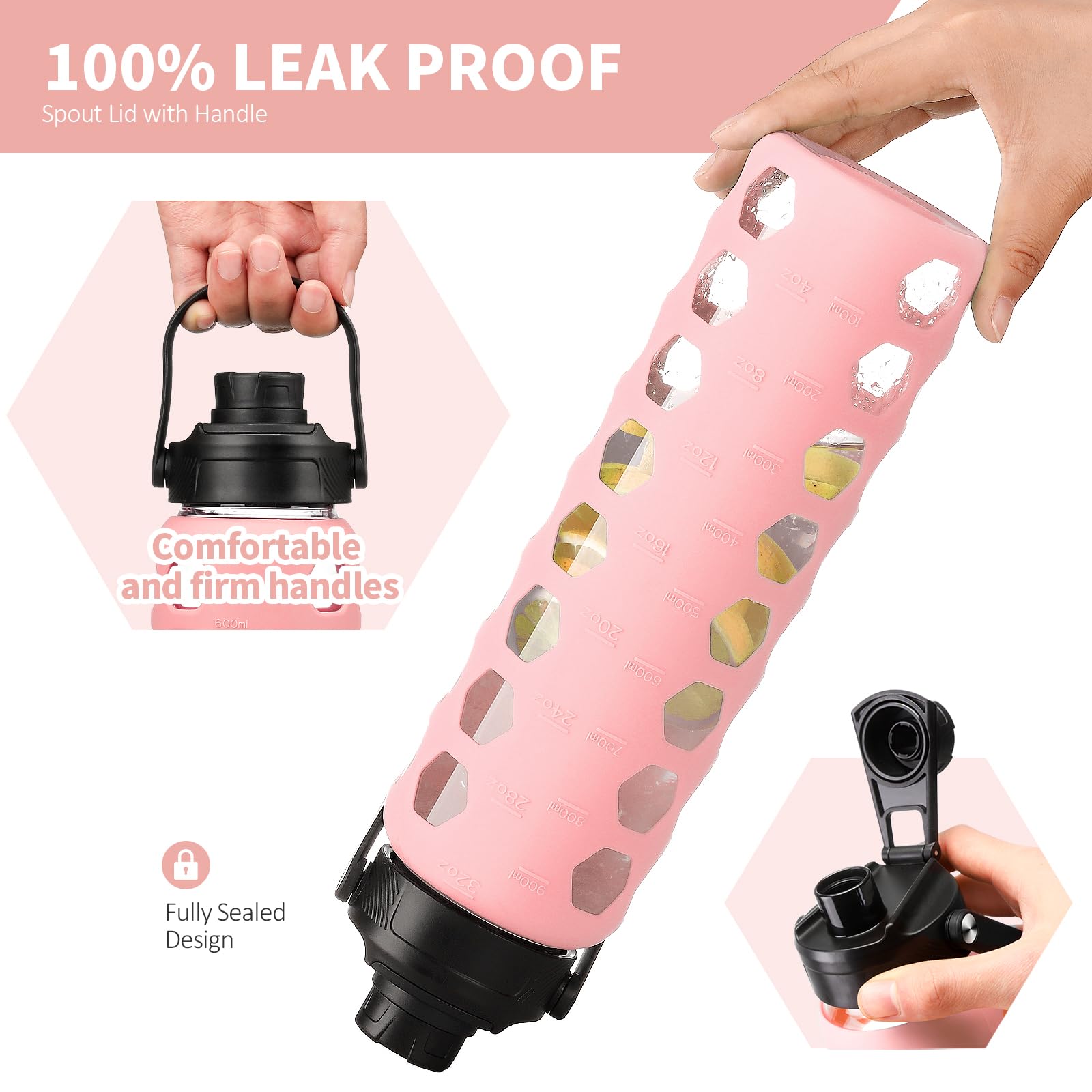 HYDRAGLAZIC 950ML Glass Water Bottle with 2 Flip and Bamboo Straw Lids Sports Water Tumbler with Time Reminder and Silicone Sleeve Leak-proof BPA Free - Image 3
