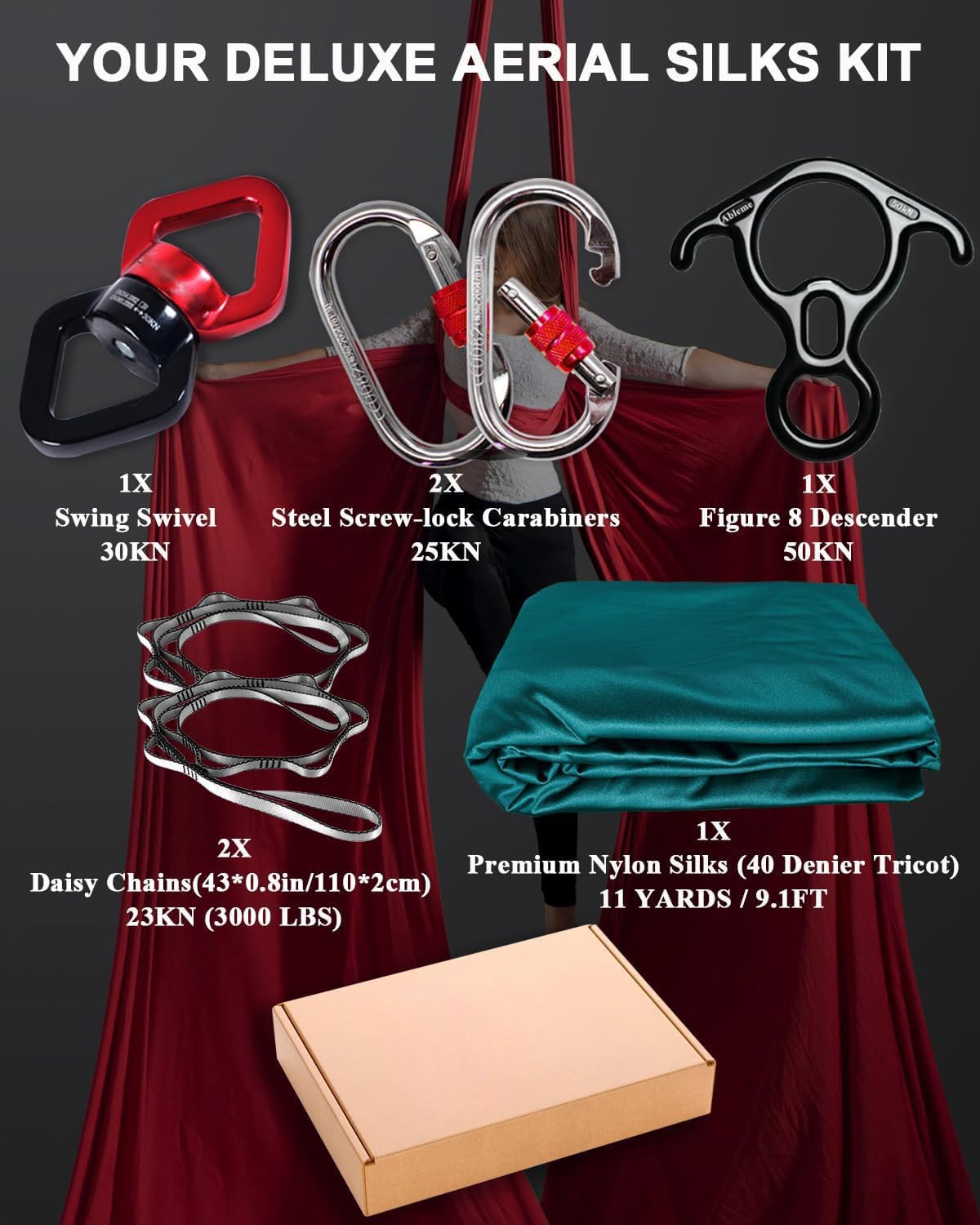 Aerial Serviette de yoga 8 m, kit vertical, avec accessoires, faible étirement, tissus de qualité supérieure