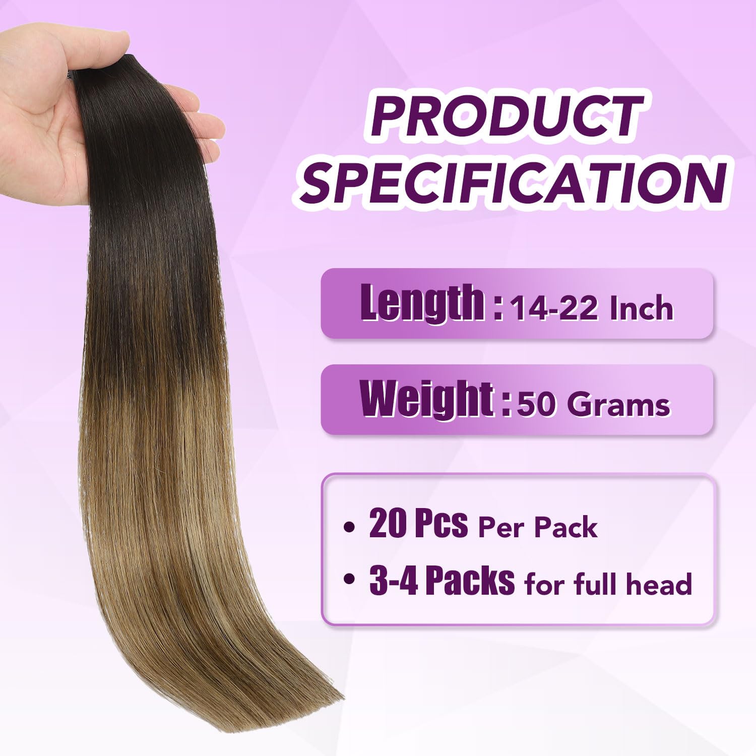 Sindra Haarverlängerung, Echthaar, selbstklebend, 55 cm, #1B427 | 20 Stück, 50 g, Schwarz bis Mittelbraun mit Karamellbraun, Extensions, Echthaar, unsichtbar, Volumen für Damen, 55,8 cm