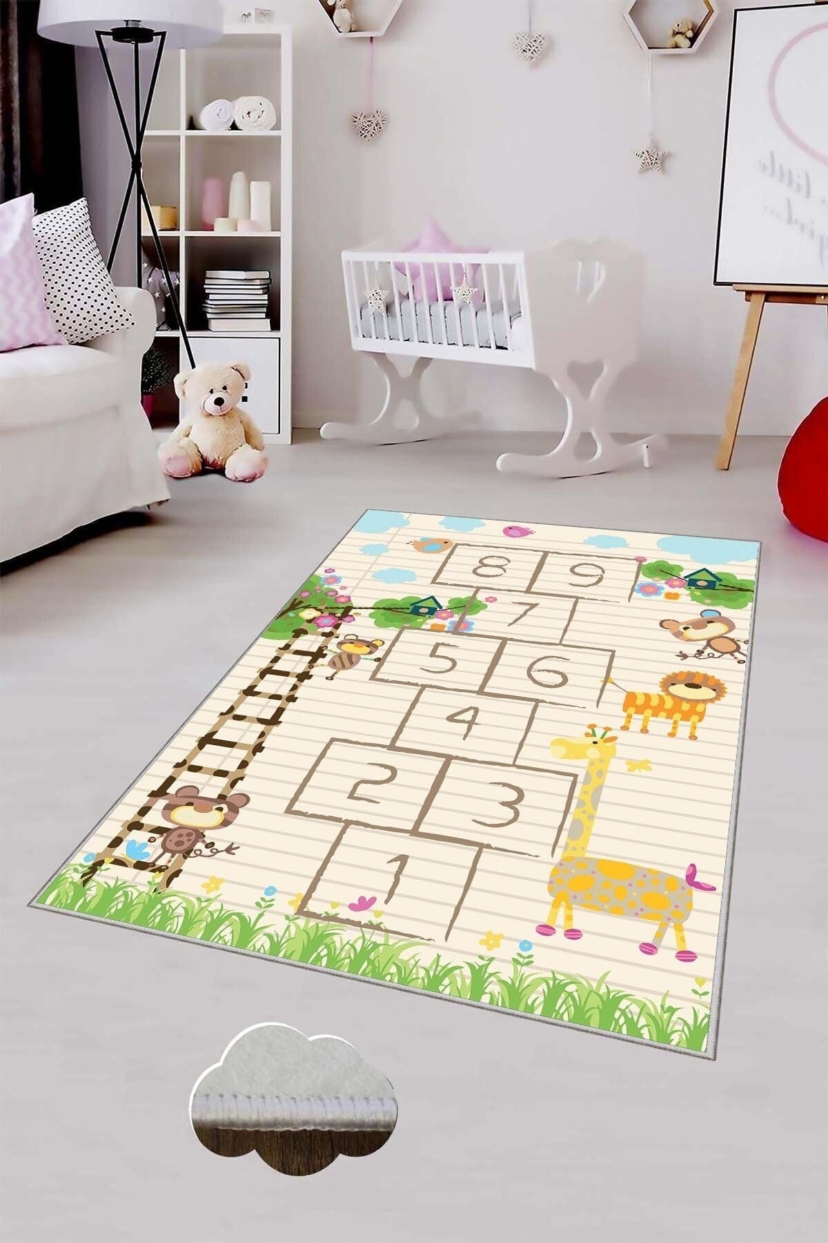 Pelangi Bej Seksek Desenli Yıkanabilir Kaymaz Taban Leke Tutmazbebek ve Çocuk Odası Halısı, Krem-Turuncu 60 x 120