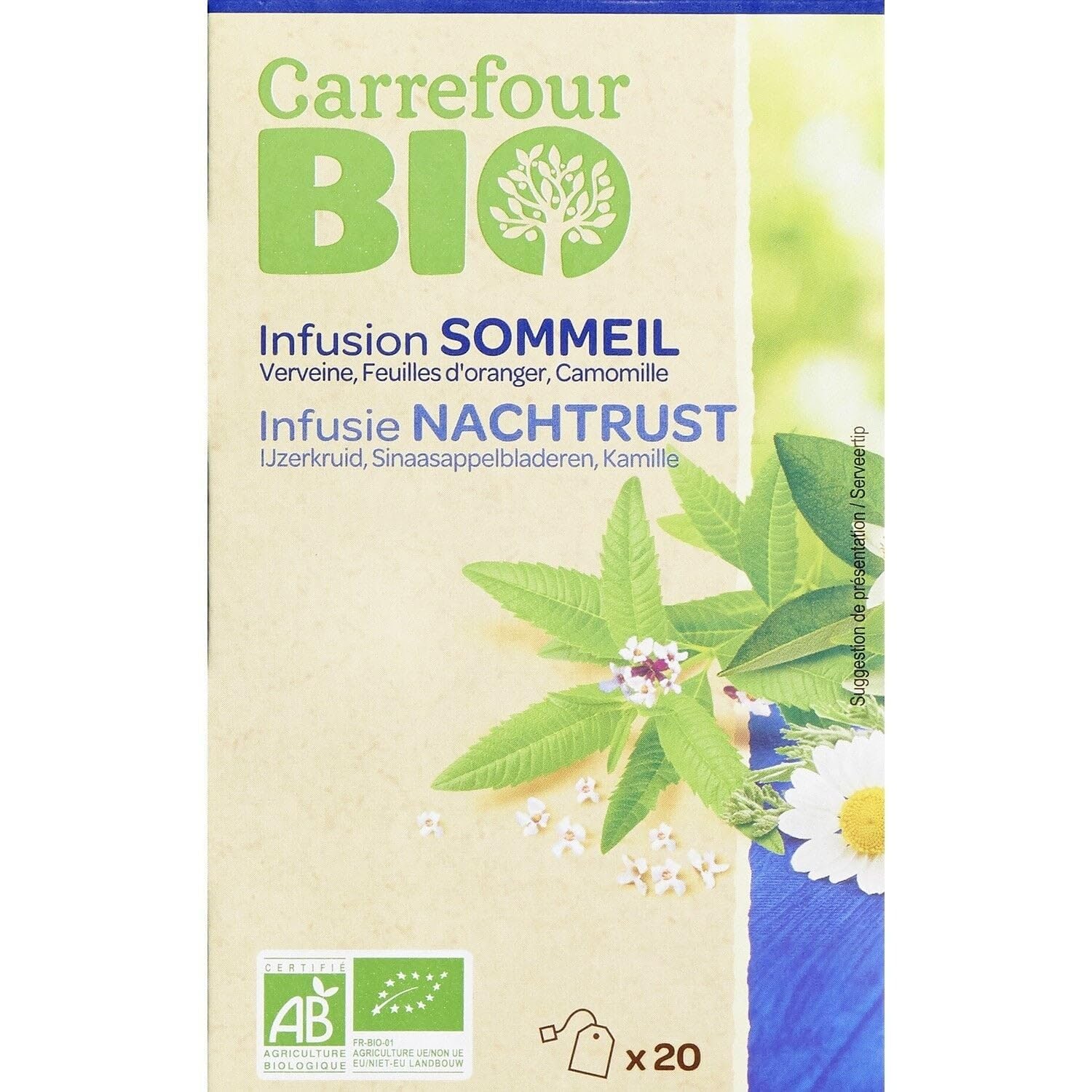 Retrouvez un sommeil apaisant avec CARREFOUR BIO Infusion Sommeil Verveine Oranger Camomille, format x20 en box - Lot de 4