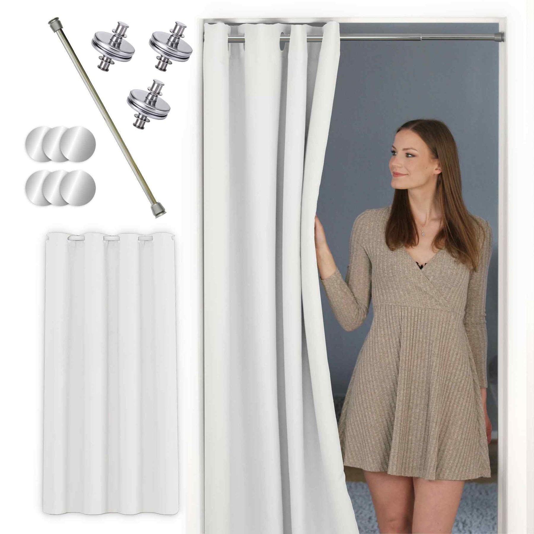 tinycurtains Türvorhang mit Vorhangstange & Magneten zum Abdichten, einfache Montage in nur 1 Minute ohne Bohren mit Silber Stange + 6 Magnete