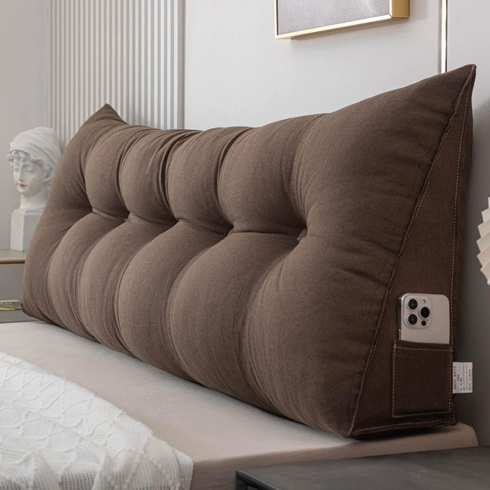 DUOLEH Triangular Wedge Pillow, Lumbar Support Cushion, Headboard Backrest, Reading Pillow with Side Pockets, Back Support Cushion for Working, Watching TV (80x50x20cm,Coffee)