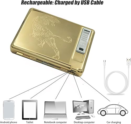 Miniatura 2 de Encendedor de cigarrillos, paquete completo de metal, 20 cajas de cigarrillos regulares, recargable, por USB, sin llama, resistente al viento, con