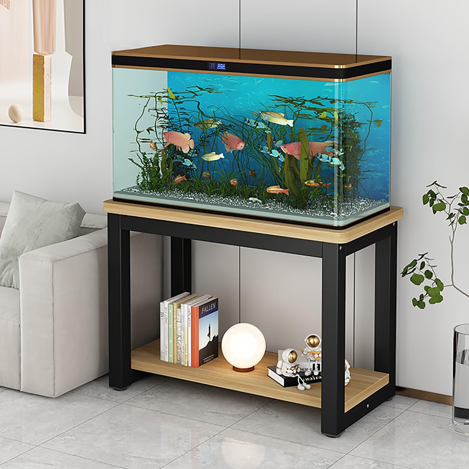 Meuble Pour Aquarium À Deux Niveaux, Multifonctionnel, Grande Capacité de Stockage Structure Stable Forte Capacité de Charge Montage Facile Idéal Pour Un Usage Domestique Et Intérieur(Black-B,6