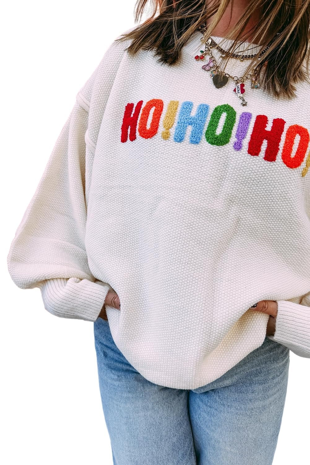 Melliflo Christmas Sweaters for Women HOHOHO Letter Graphic Drop Shoulder Sweater Long Sleeve Loose Fit Cute Knit Pullover