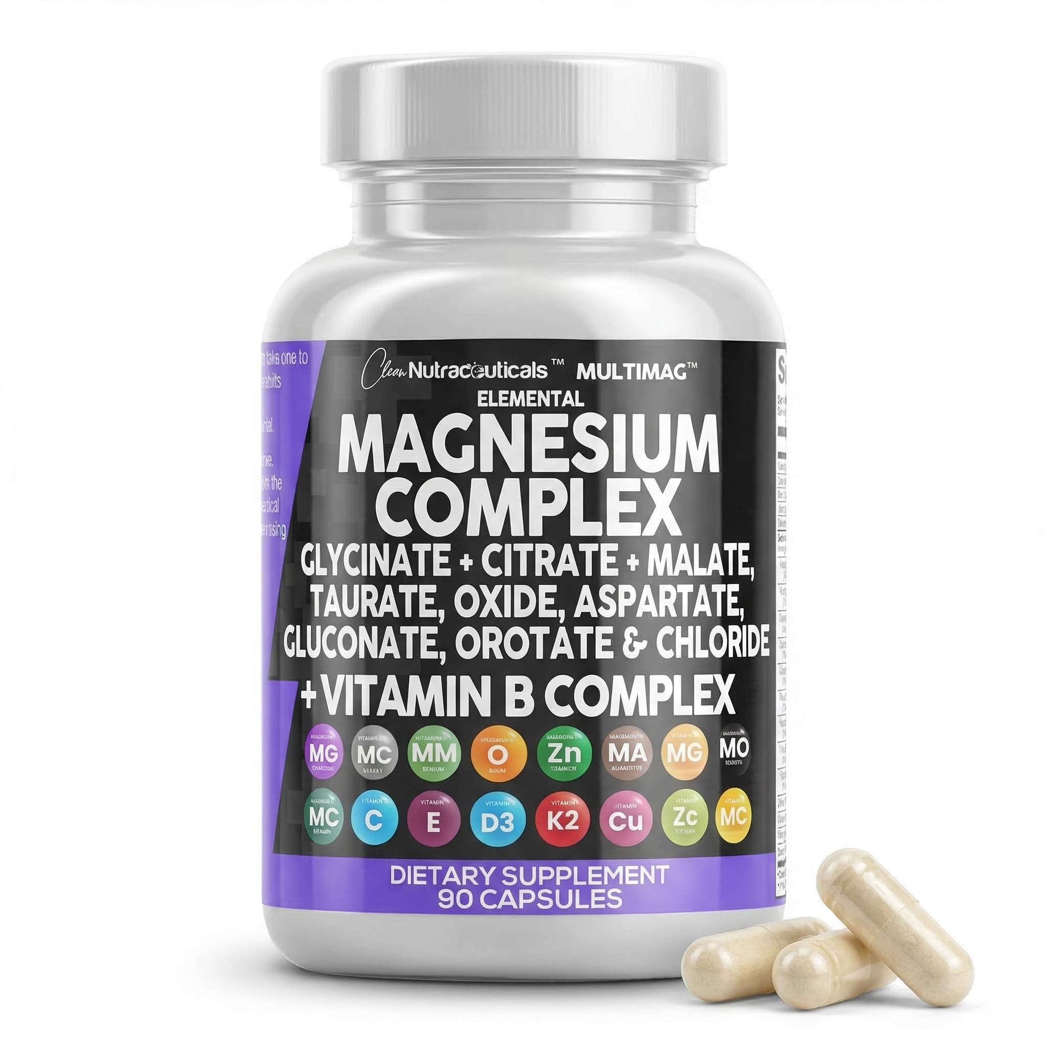 Clean Nutraceuticals Magnesium Complex with Magnesium Glycinate Citrate Malate Oxide Taurate Aspartate Orotate & Mag Chloride, Zinc Copper Manganese & Vitamin C B1 B2 B6 B12 Complex - 1Pack