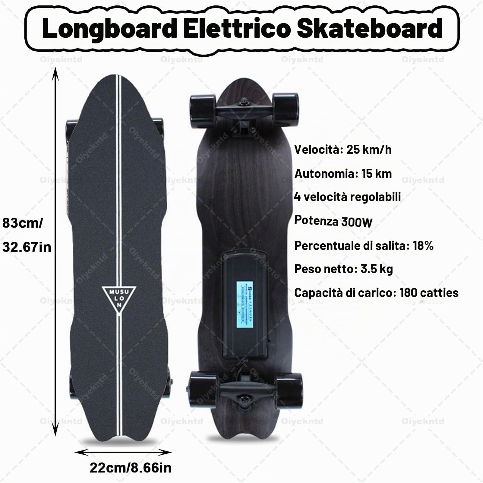 Skateboard elettrici con Telecomando, 4 modalità di velocità, velocità Massima 25 km/h, autonomia Massima 15 km, Longboard Elettrico in Acero a 7 Strati per Principianti Adulti, pendolarismo