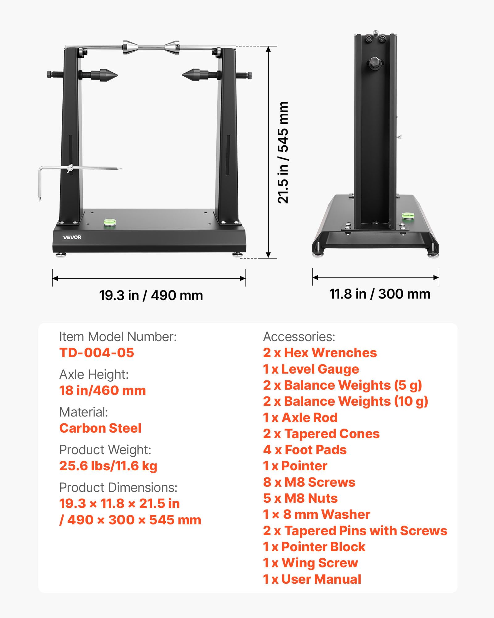 VEVOR Soporte de Equilibrado de Neumáticos para Motocicleta, Carga de 40 kg, con Conos de Centrado Ajustables y Puntero de Centrado, para el Montaje de Neumáticos para Ruedas, 490 x 300 x 545 mm