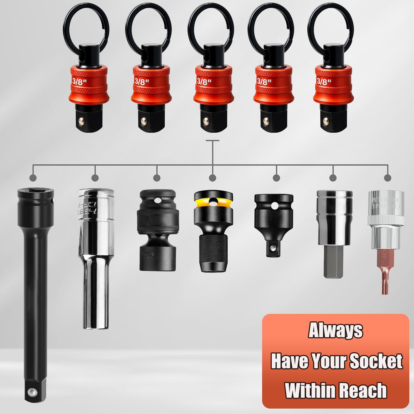 5 portachiavi a bussola da 3/8", design a sgancio rapido con moschettone, accessori per avvitatori edili, lineari, meccanici e falegnami