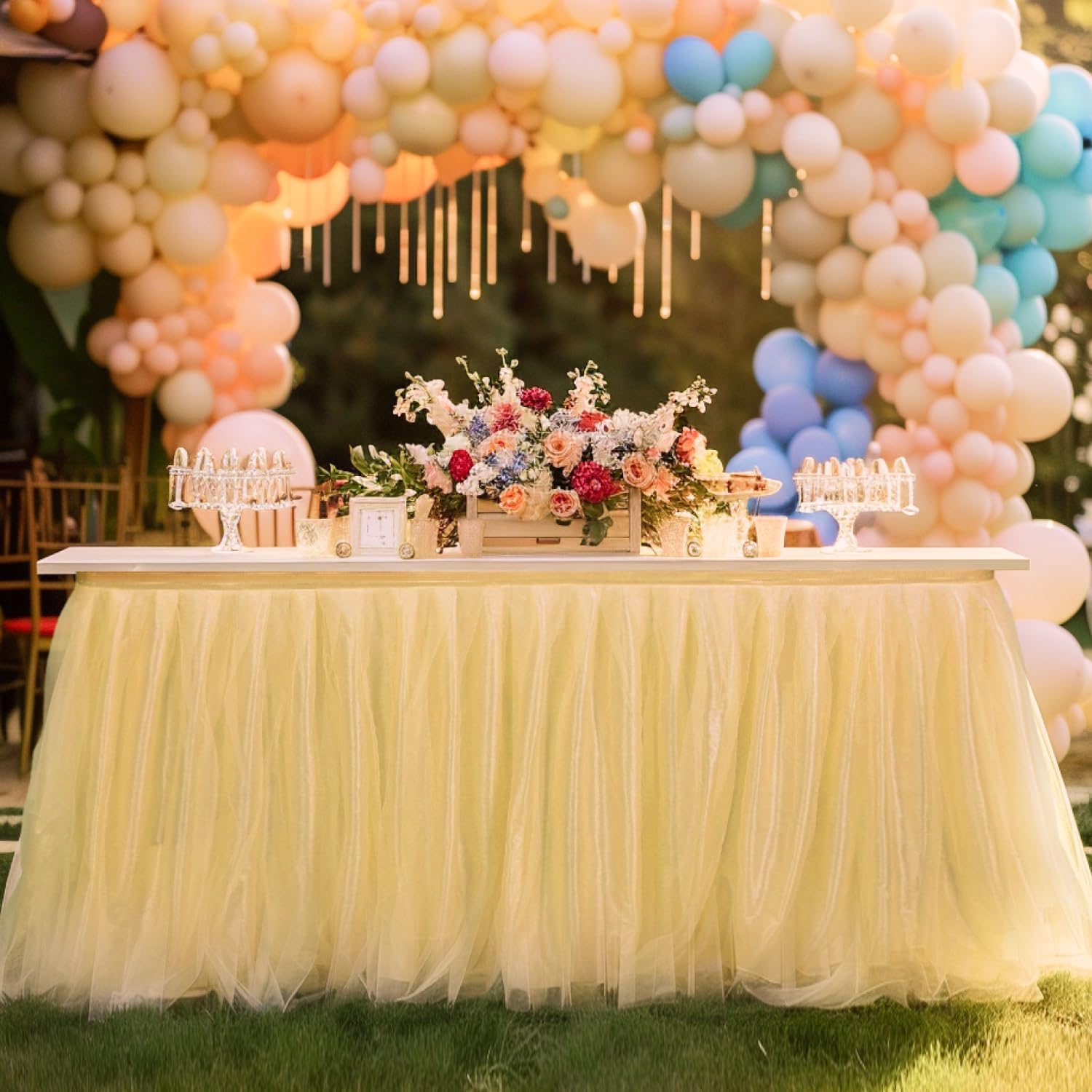 Phantomon 6ft Tulle Table Skirt for Baby Showers Ruffle Tutu Tablecloth for Rectangle or Round Tables, Desk Skirt for Birthday Party, and Dessert Table Decorations with Bow Banner Set (Blue)