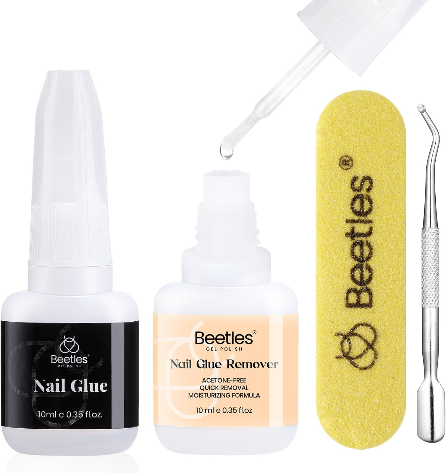 Beetles Nail Glue with Glue Remover Kit, 2 * 10ML Super Strong Easy to Remove Off Fake Nails Adhesive Remover with Cuticle Pusher