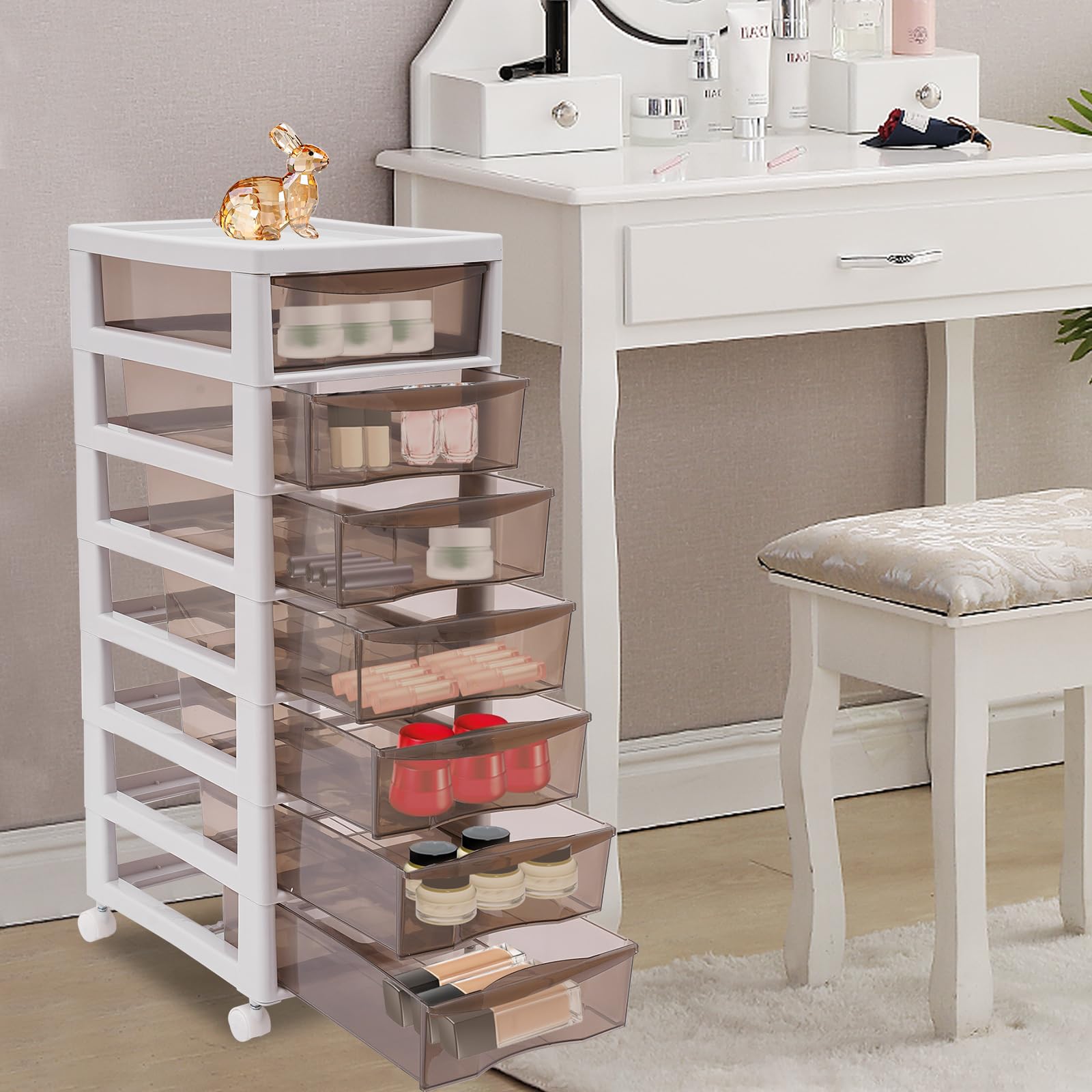 Schubladenbox aus Kunststoff, Aufbewahrungsschrank Schubladen Box Kosmetik Büroorganizer Rollcontainer Unter-Schreibtisch-Schublade, Modernes Design für Home Office und Schlafzimmer (8 Tier)