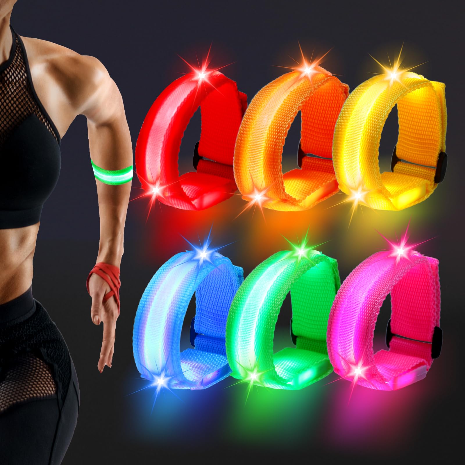 TranRantic 6 Pcs LED Light Up Armbands, Reflective Wristbands with Flashing Lights, Running Safety Lights for Night Runners Jogging Dog Walking, Glow in The Dark Bracelets for Party(6 Colors)