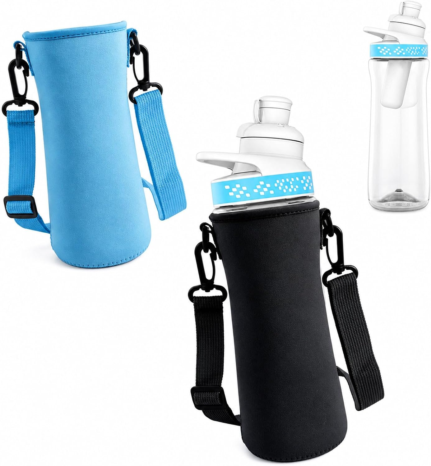 2 Pcs Neoprene Water Bottle Sleeves with Strap Black and Blue