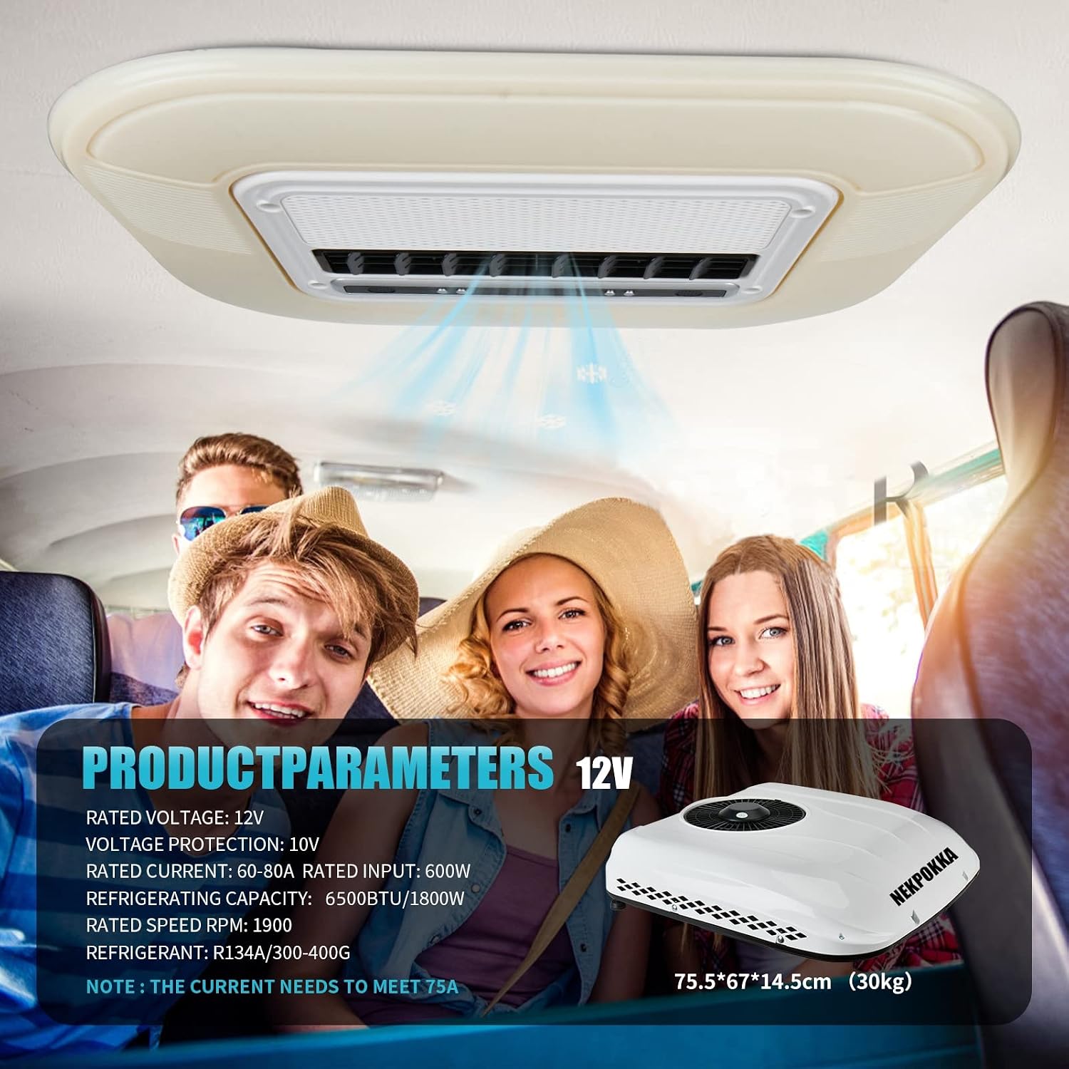 12V DC air conditioner/ultra-thin car roof air conditioner is applicable to minivans, off-road vehicles, pickups, motor homes, trucks, agricultural vehicles, excavators, etc (12V voltage)