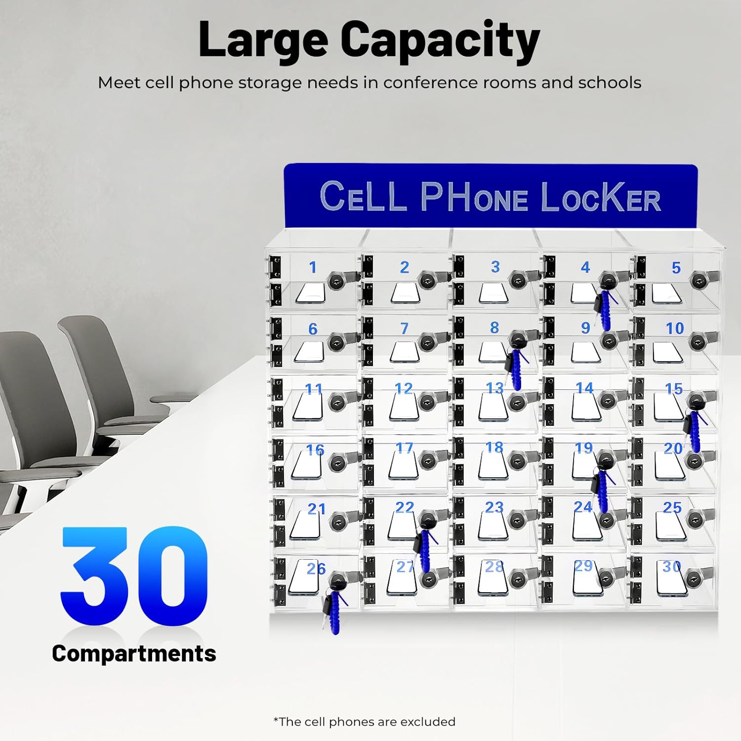 Cell Phone Locker, 30 Slots Acrylic Cell Phone Locker Box with Door Locks and Keys, Wall-Mounted Acrylic Cabinet Cell Phone Storage Box for Office School Classroom Factory