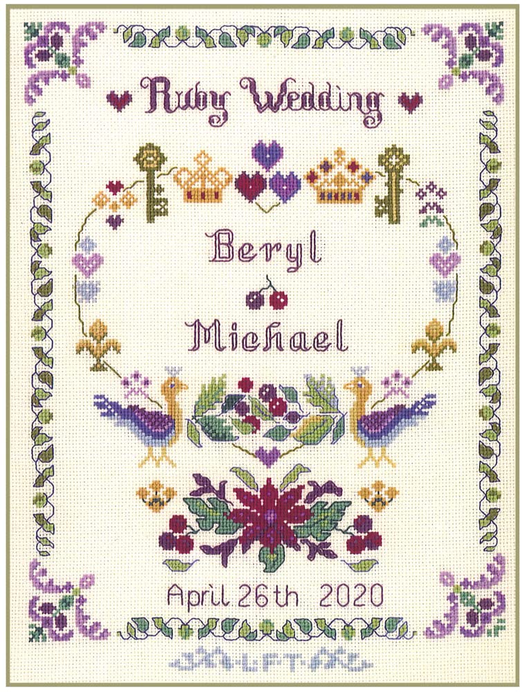 Lifetime Samplers Ruby Wedding Anniversary Sampler - Complete Cross Stitch kit on 14 aida with Clear Colour Chart