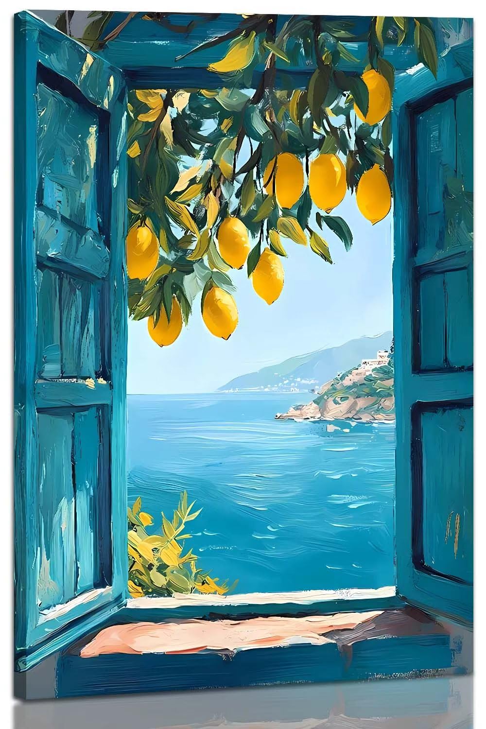 Framed Open Window Beach Canvas Wall Art Coastal Wall Decor Picture White Flowers and Butterflies Painting Artwork Fake Window Wall Art Horizontal Nature Landscape Seaside Summer Print for Home