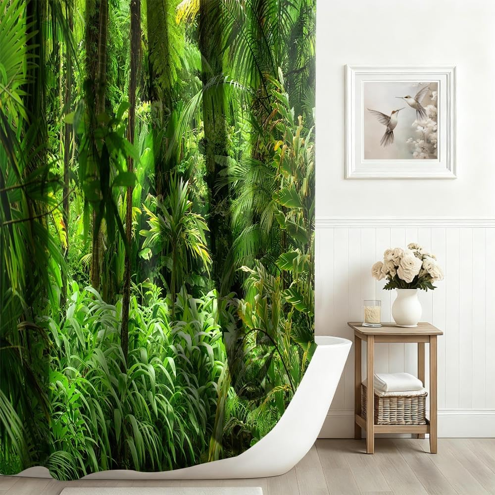 Piante Tenda da doccia Primavera Paesaggio della giungla Tenda da bagno 3D Natura scenario foresta tropicale albero primavera paesaggio Tenda da doccia resistente alla muffa 240x180cm