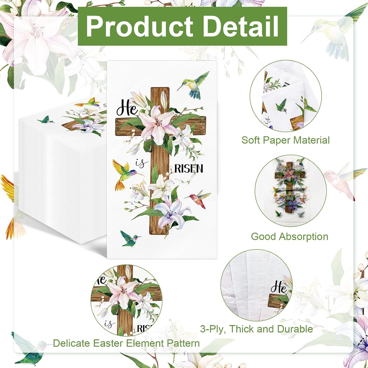 100PCS Easter He is Risen Paper Napkins Disposable Hand Towels for Bathroom 3 Ply Religious Cross and Lily Flowers Guest Napkins Decorative Dinner Napkins for Easter Holiday Party Supplies image 3
