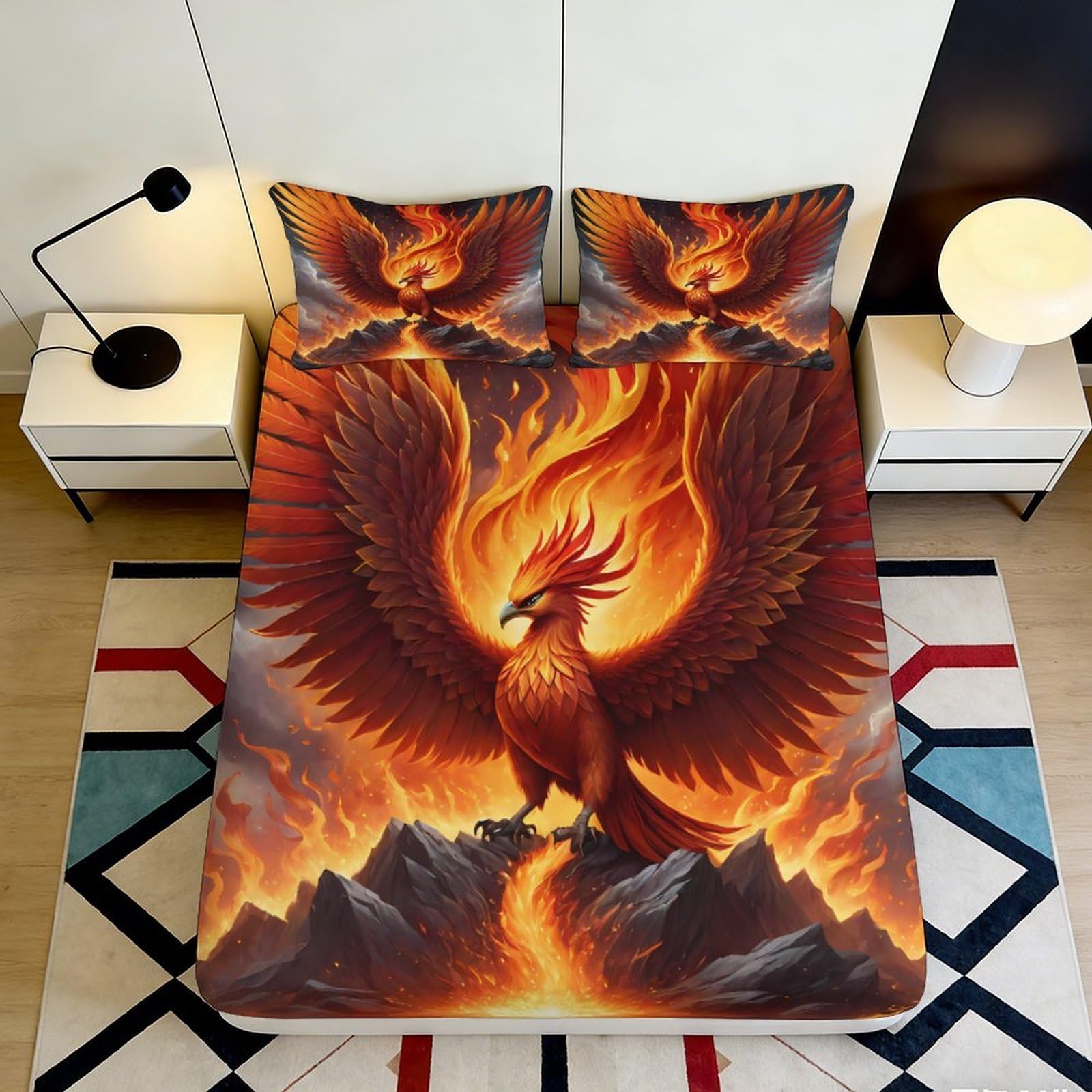 3D Printed Fiery Phoenix Fitted Sheet Microfiber Soft Breathable Flame Bird Bed Cover for Bedroom Dorm Mattress Decor 90x200x25cm