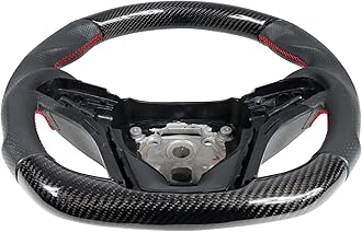 IKON MOTORSPORTS, Steering Wheel Compatible With 2012-2015 Chevy Camaro, Black Carbon Fiber & Perforated Leather Steering Wheel Brushed Kit With Red Stitching