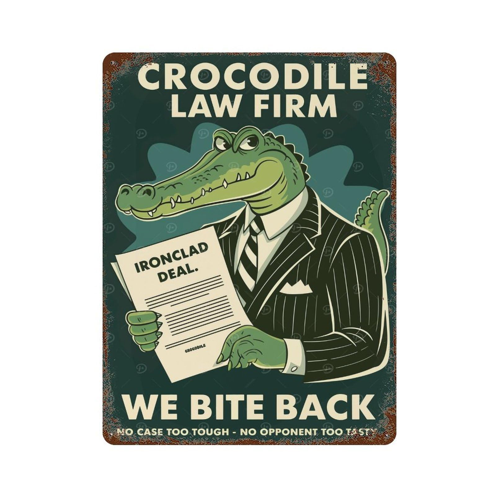 Crocodile Law Firm Advertisement 15.7"x11.8" Aged Metal Wall Plaque, Novelty Wall Decor for Garage, Bar And Workshop Decor