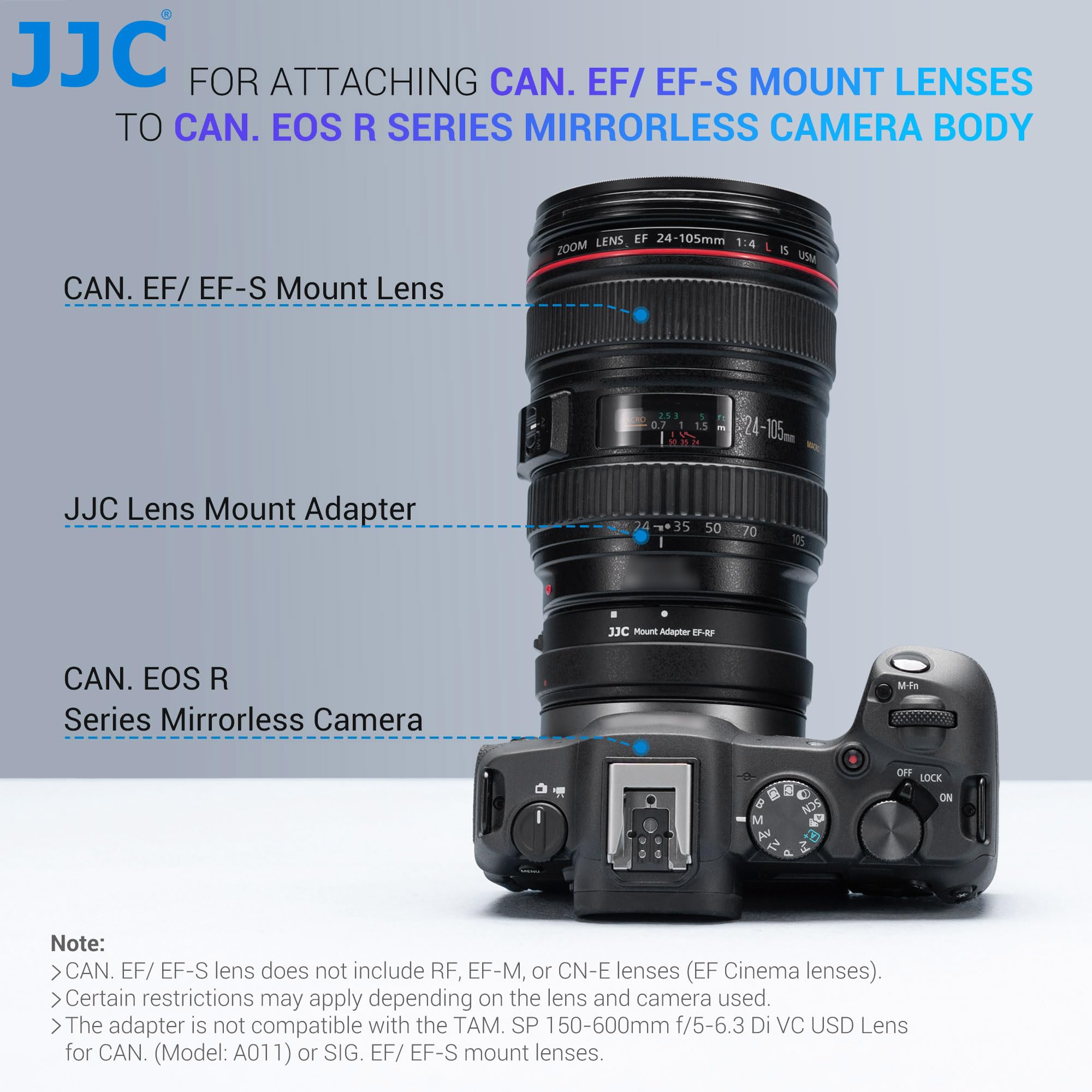 JJC Adapter do montażu EF/EF-S na EOS R AF, metalowy uchwyt, odłączana stopka statywu 1/10.2 cm-20, konwerter adaptera automatycznego ustawiania ostrości, kompatybilny z Canon EOS R1 R Ra RP R3 R5II