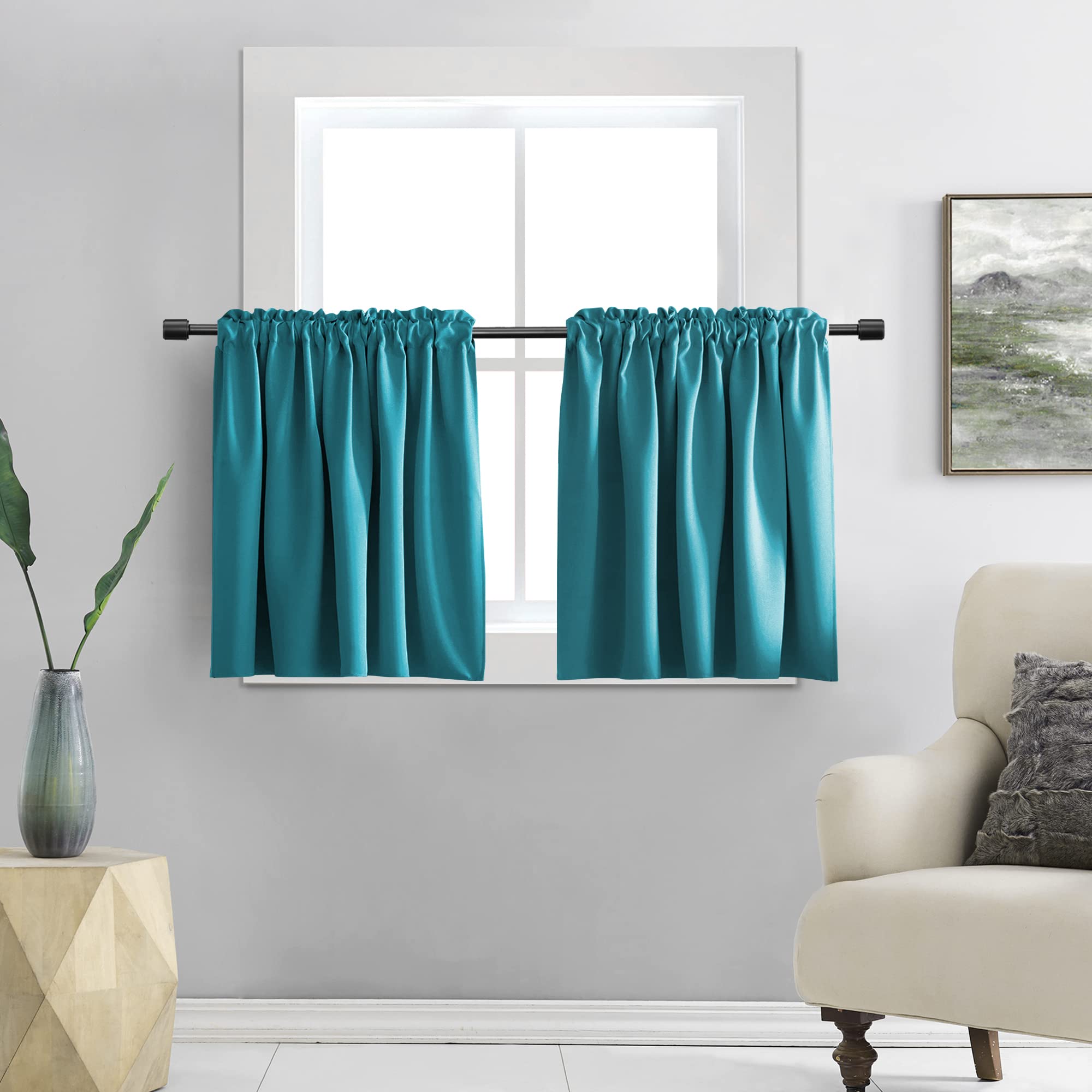 DONREN 30 Inches Long Curtain Tiers for Kitchen - Blackout Short Length Curtains for Bathroom(42 Inches Wide,Teal,2 Panels)