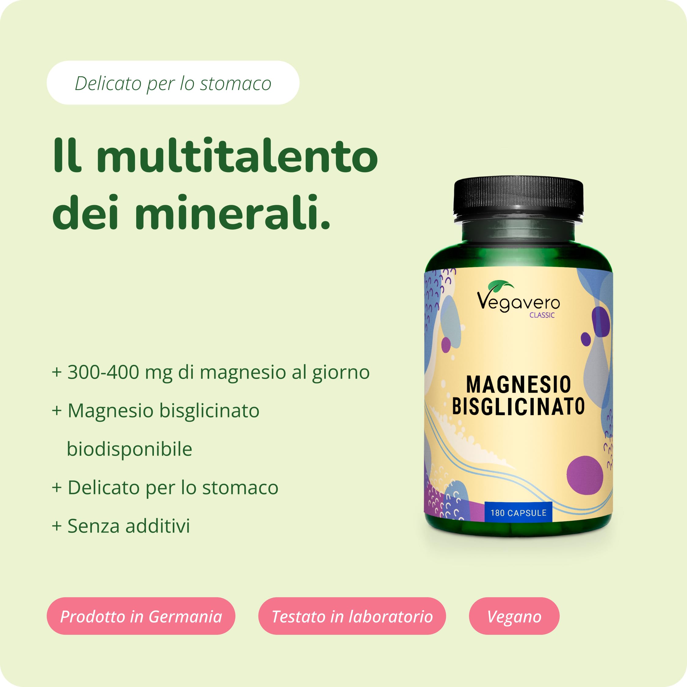 Magnesio Bisglicinato | 400 mg di Magnesium Puro Elementare | Forma Chelata Biodisponibile | Contro Stanchezza e Affaticamento | Certificato in Laboratorio | Vegavero
