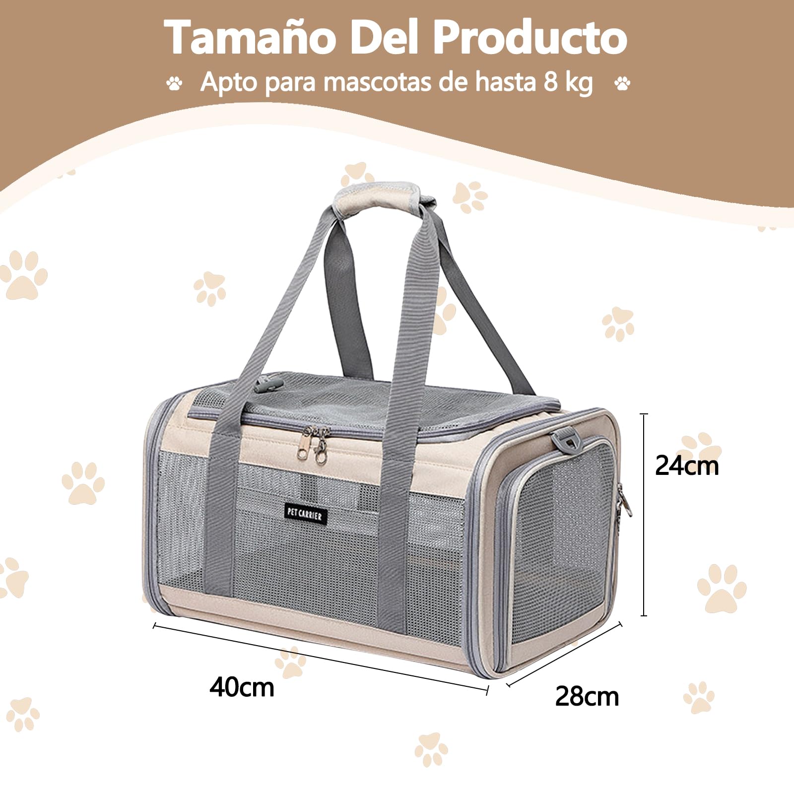 Galatée Bolsa De Viaje para Mascotas, Transpirable, Ligera, Plegable, Se Puede Llevar En La Mano o Cruzada, Múltiples Aberturas, Cierre para Evitar Fugas, Incluye Bolsa De Almacenamiento (Beige)