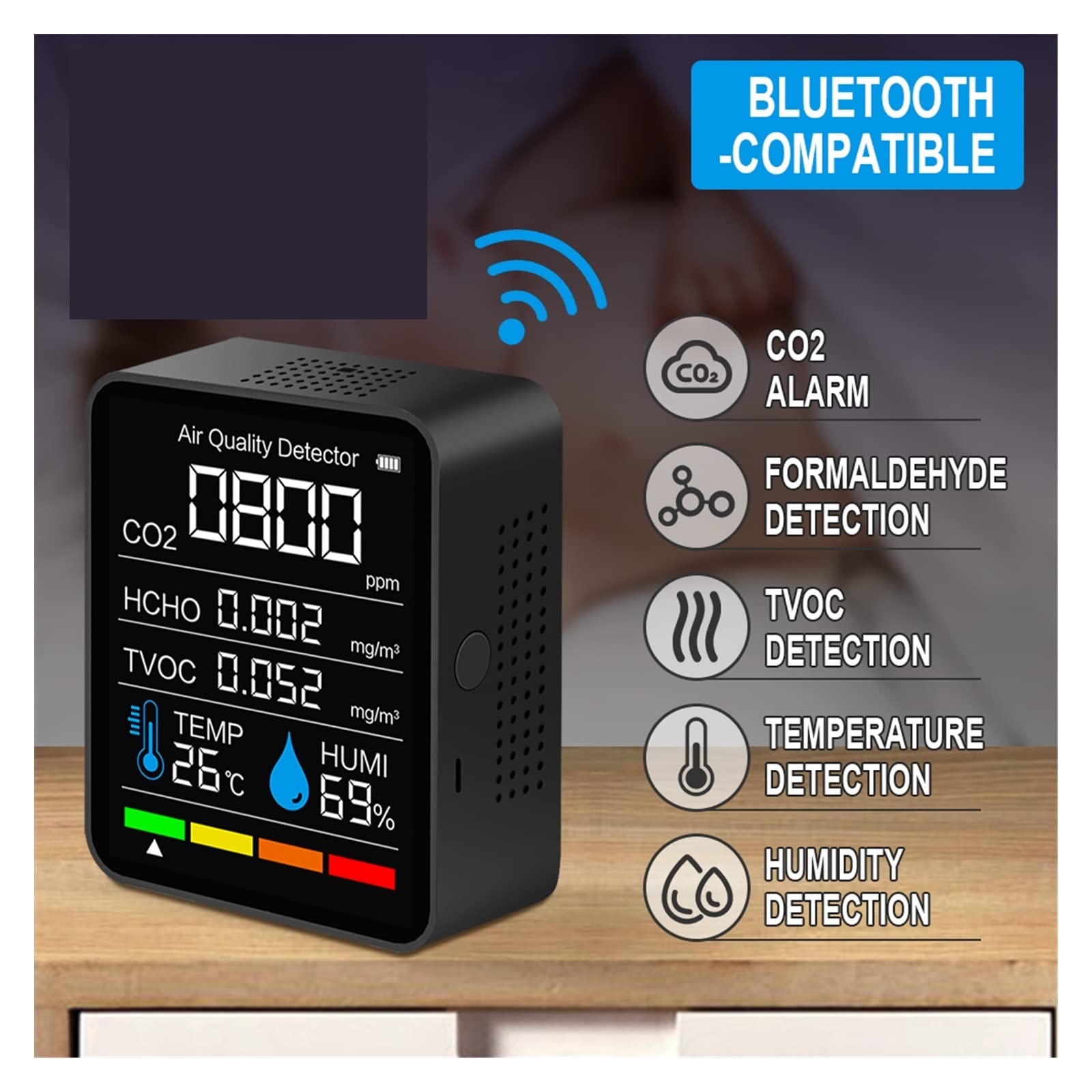 Detector de Gases, Detector de dióxido Carbono CO2 Smart Digital Temperatura Interior Sensor Humedad Probador la Calidad del Aire Monitor(Bianco)