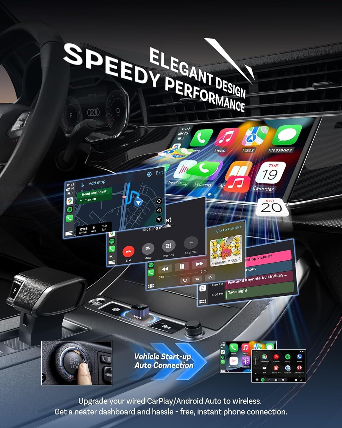 2026 Wireless CarPlay for iPhone, 2-in-1 Plug and Play Converts Wired to Wireless CarPlay Android Auto, Fast Auto-Connect, Zero Latency, Car Multichannel Amplifiers — view 2