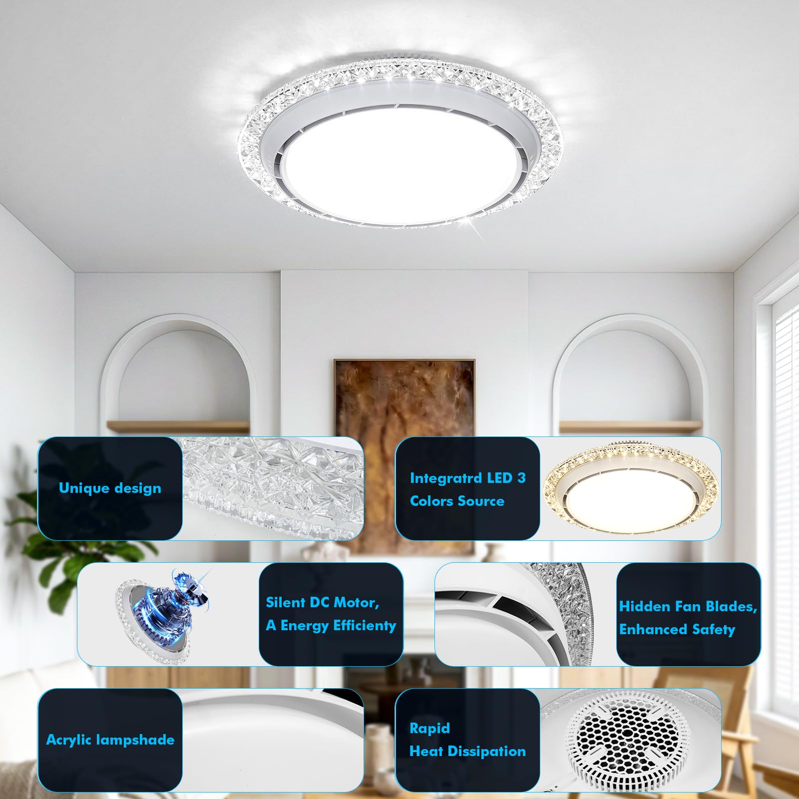 49.5cm Ventilatore da Soffitto con Luce e Telecomando,Lampadario Ventilatore da Soffitto Silenzioso con 3000-6500K Dimmerabile, 6 Velocità, Timer, Memoria,Plafoniera per Soggiorno Camera da Letto