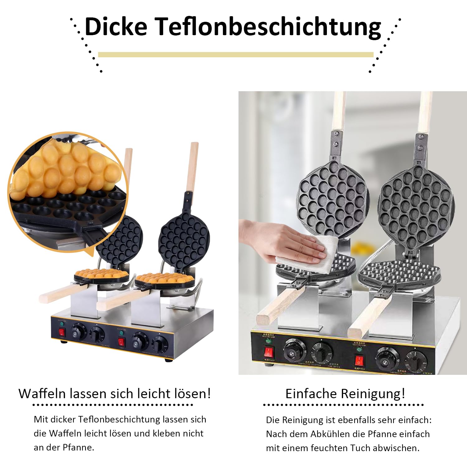 Kurflo kommerzielles Bubble Waffeleisen mit Doppelkopf, 180° drehbar, 1400W, Waffelplatten, Waffel Maker, mit Antihaftbeschichtung & Timer, für Cafe/Dessert-Shop/Restaurant, 50-250 °C