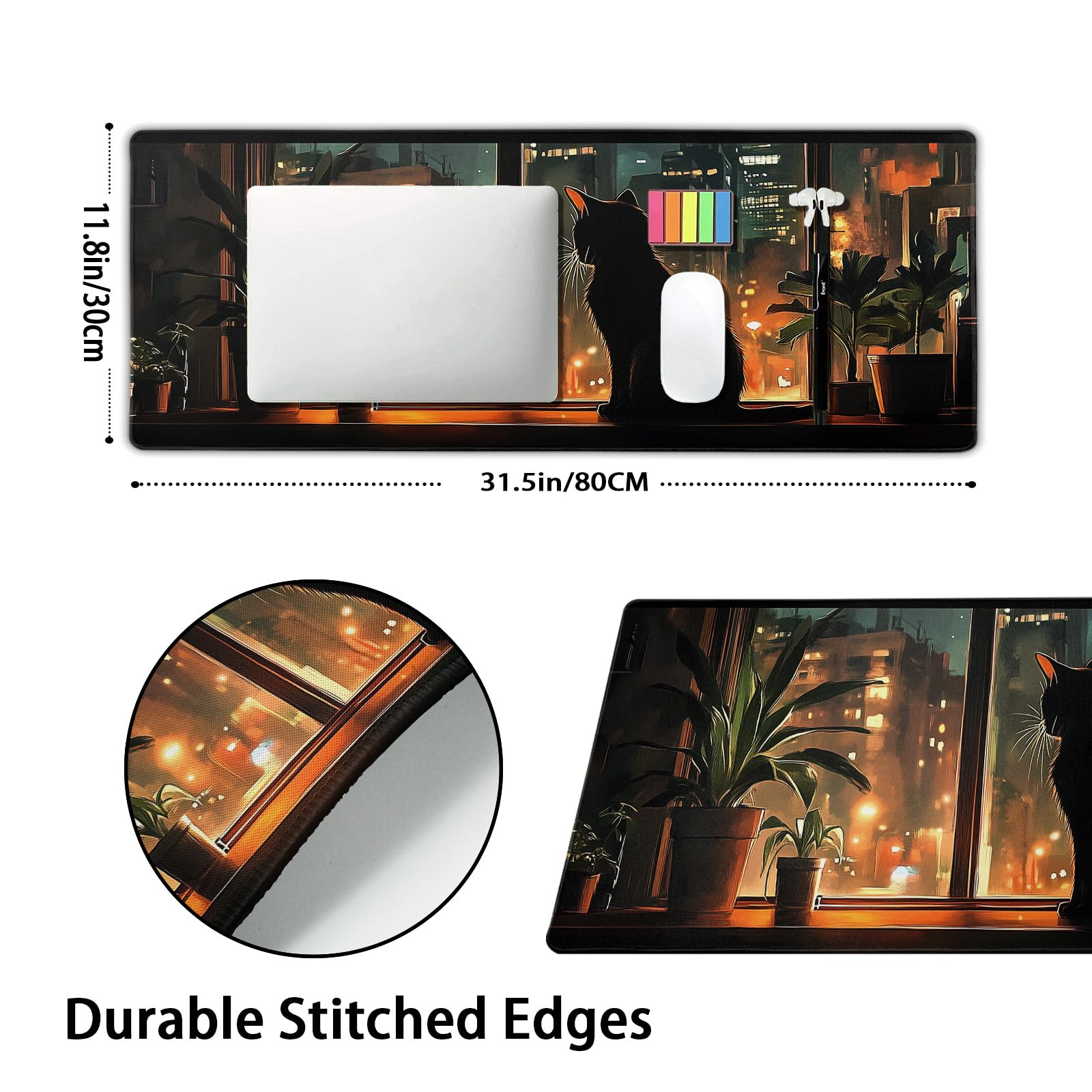 Pink Cute Bats Gaming Mouse Pad XL Pastel Purple Witchcraft Extended Big Large Desk Mat Non-Slip Rubber Base Stitched Edge Long Keyboard Mousepad for PC Computer Laptop,31.5×11.8 in: Black Cat Gaming Mouse Pad XL Anime Green Plant Night Extended Big Large Desk Mat Non-Slip Rubber Base Stitched Edge Long Keyboard Mousepad for PC Computer Laptop,31.5×11.8 in