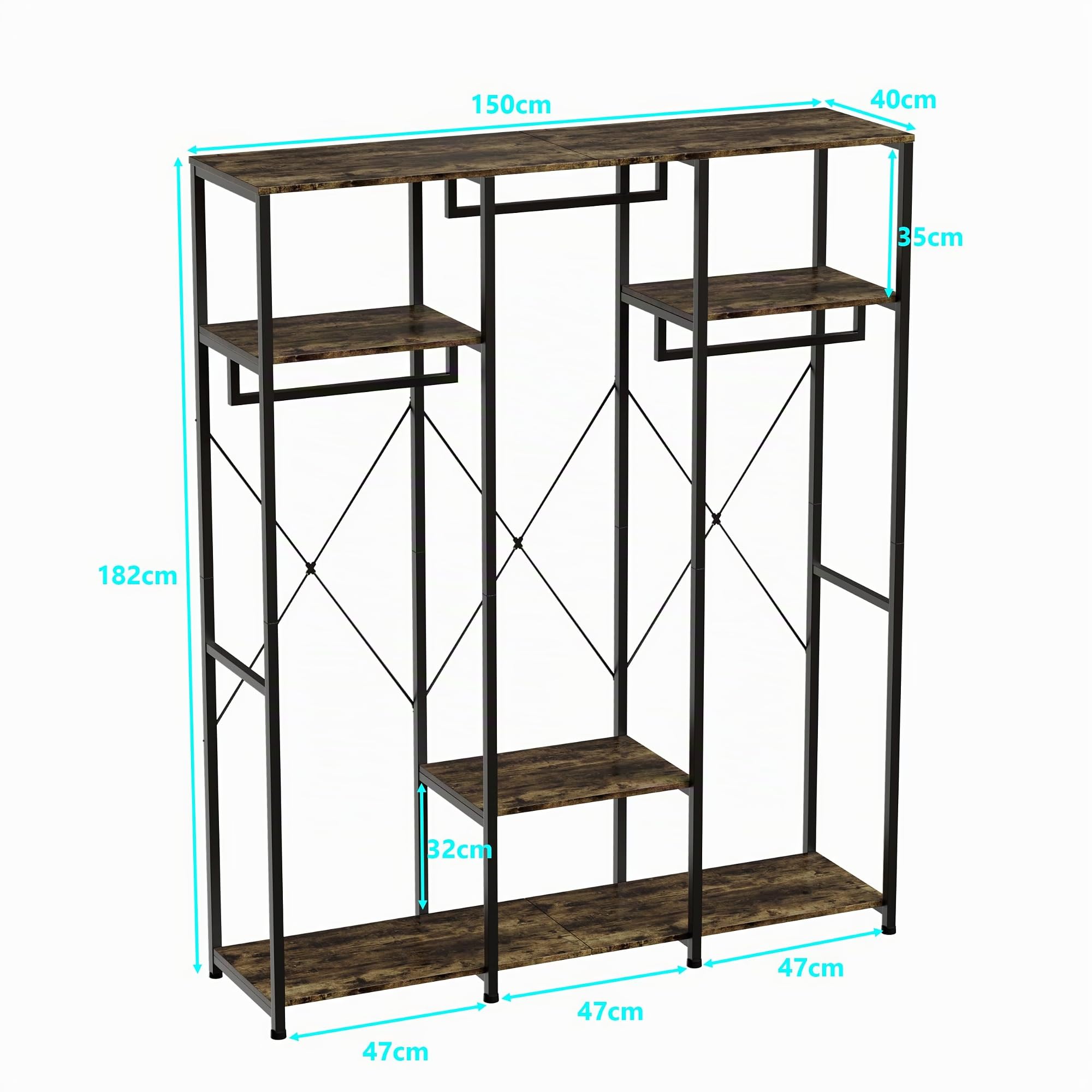 Kleiderschrank Offenes System Garderobenständer aus Spanplatte und Metall Schlafzimmer Kleiderständer Stabil Vintage Garderobe mit Kleiderstange Freistehender Begehbarer Garment Rack 40x150x182cm
