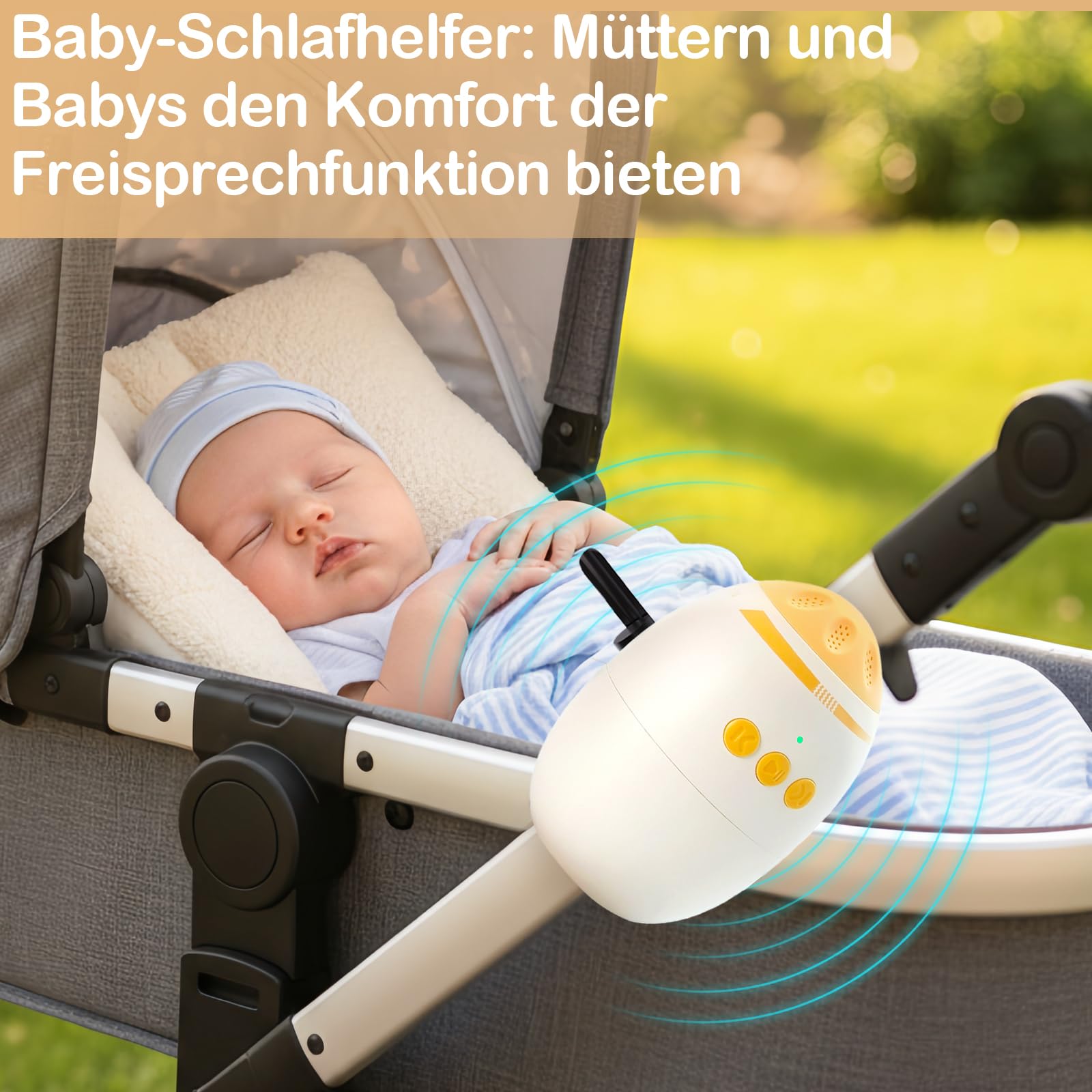 Smofrees Kinderwagenschaukler, Automatische Babywippe mit Gerät für weißes Rauschen, Einschlafhilfe Baby wiederaufladbar (USB)，Beige - 2