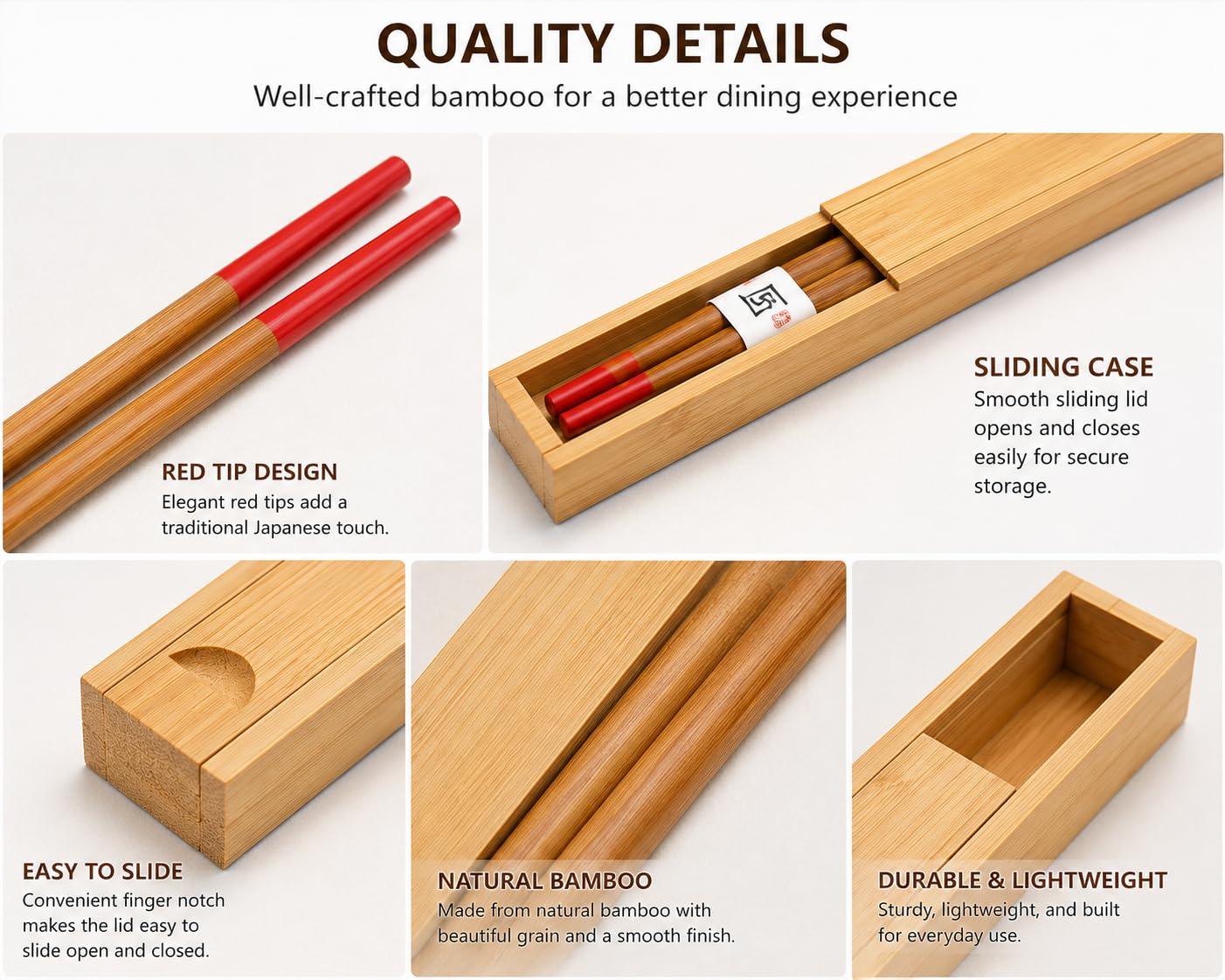 Bamboo Travel Chopsticks with Case - Red Tips -9