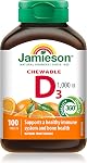 Jamieson Chewable Vitamin D3 1,000 IU Natural Tangy Orange Flavour, Supports Immune Health, Strong Bones and Teeth. Vegetarian, Non-GMO, Gluten-Free, No Artificial Flavours or Colours, 100 Count, Proudly Canadian