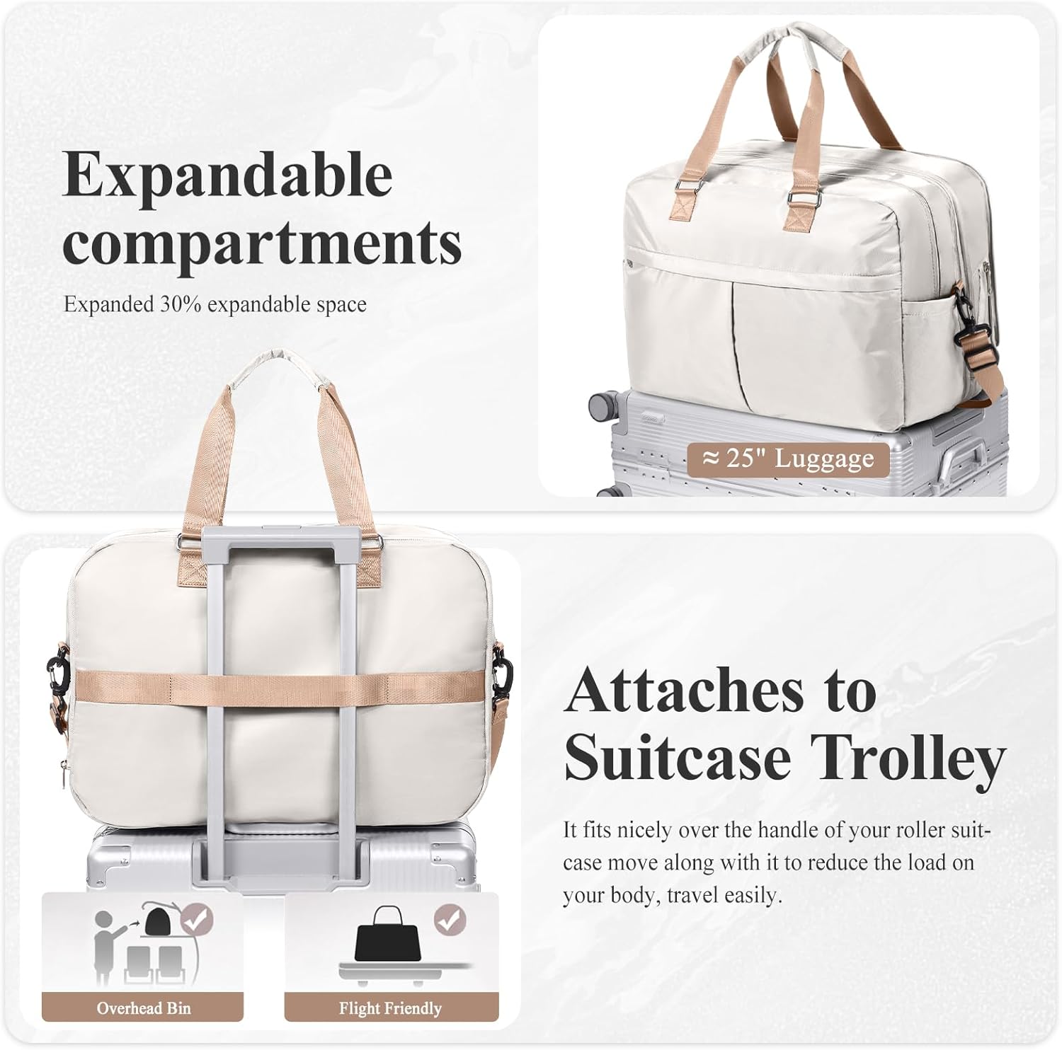 Expandable Personal Item Travel Duffle Bag Weekender Bag for Women Men, Overnight Hospital Carry on Bag with Toiletry Bag for Airplanes Travel Business Trips Sport,Beige & Brown - Image 8