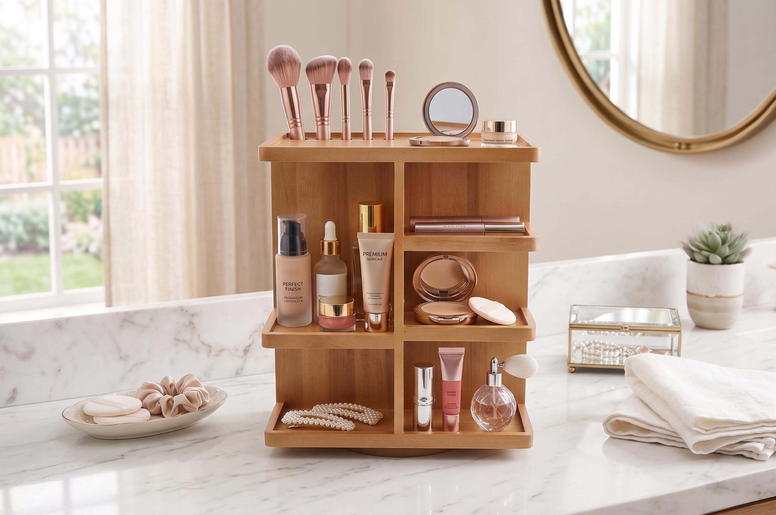 Drehbarer Kosmetik-Organizer, Multifunktions-Aufbewahrung, 360 Grad Karussell für Make-up, Toilettenartikel, Waschtisch, Schreibtisch, Schrank, massives Naturholz mit Akazienbraun