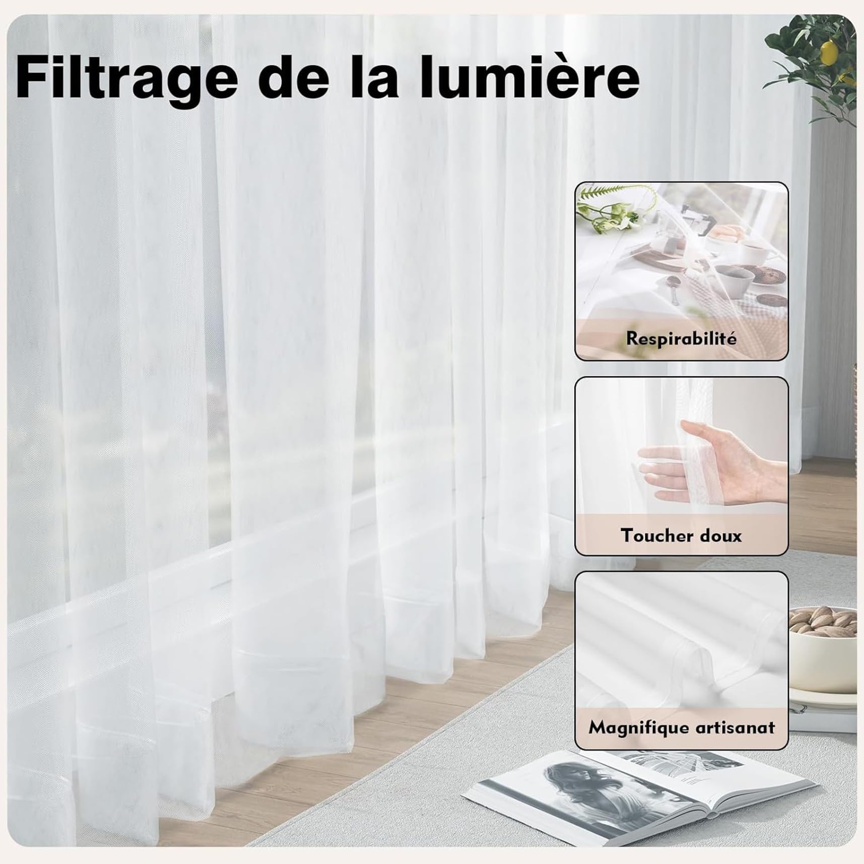 Vorhang Halbtransparent 240 x 240 cm Polyester, Leinen-Optik Transparent Wohnzimmer Luftig Dekoschal Gardinen Stangendurchzug für Schlafzimmer Wohnzimmer Gardine Fenster, Weiß