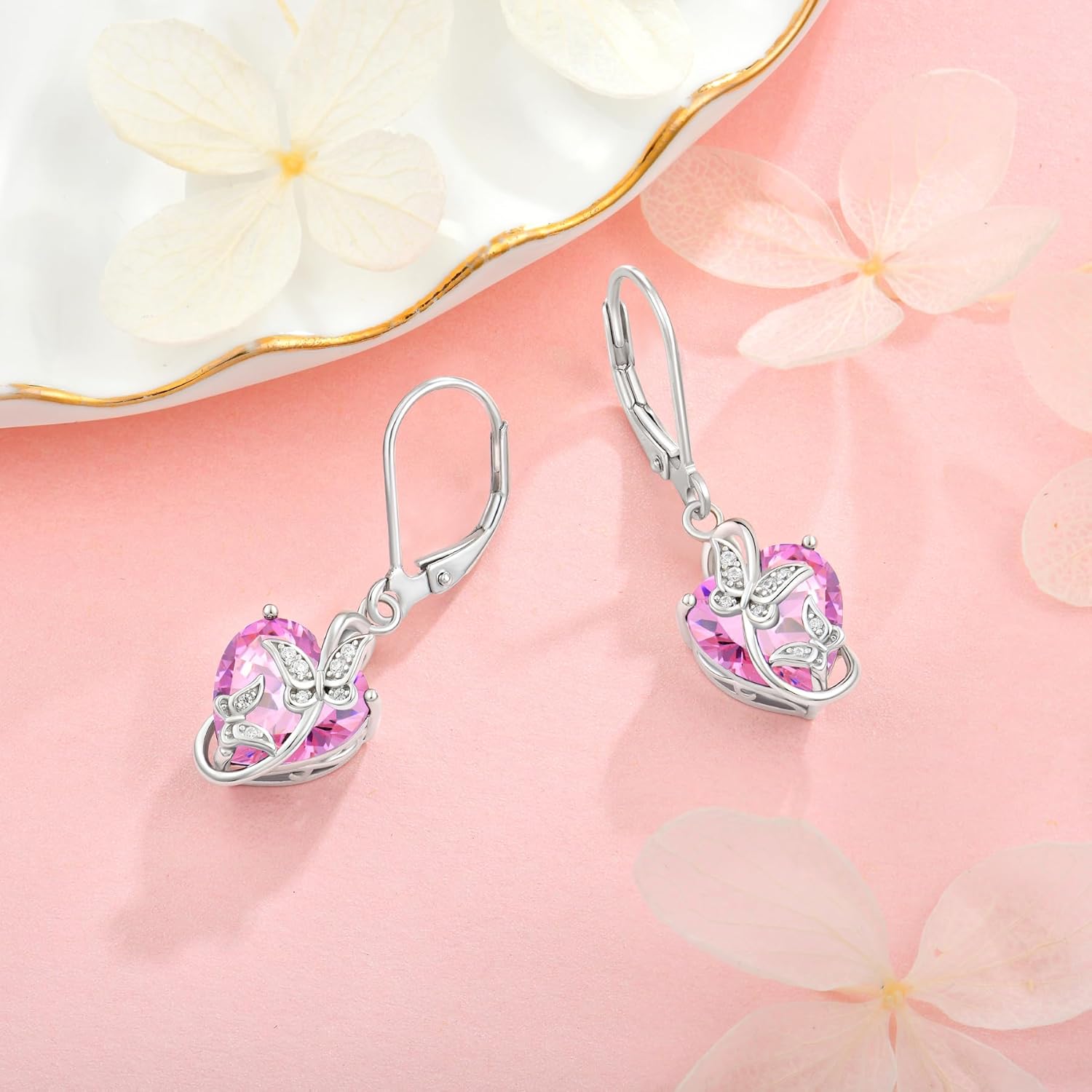 Butterfly Birthstone Dangle Earrings for Women 925 Sterling Silver 5A Cubic Zirconia Leverback Earrings Jewelry for Mother's Day Valentine Birthday Gifts for Her - Image 3