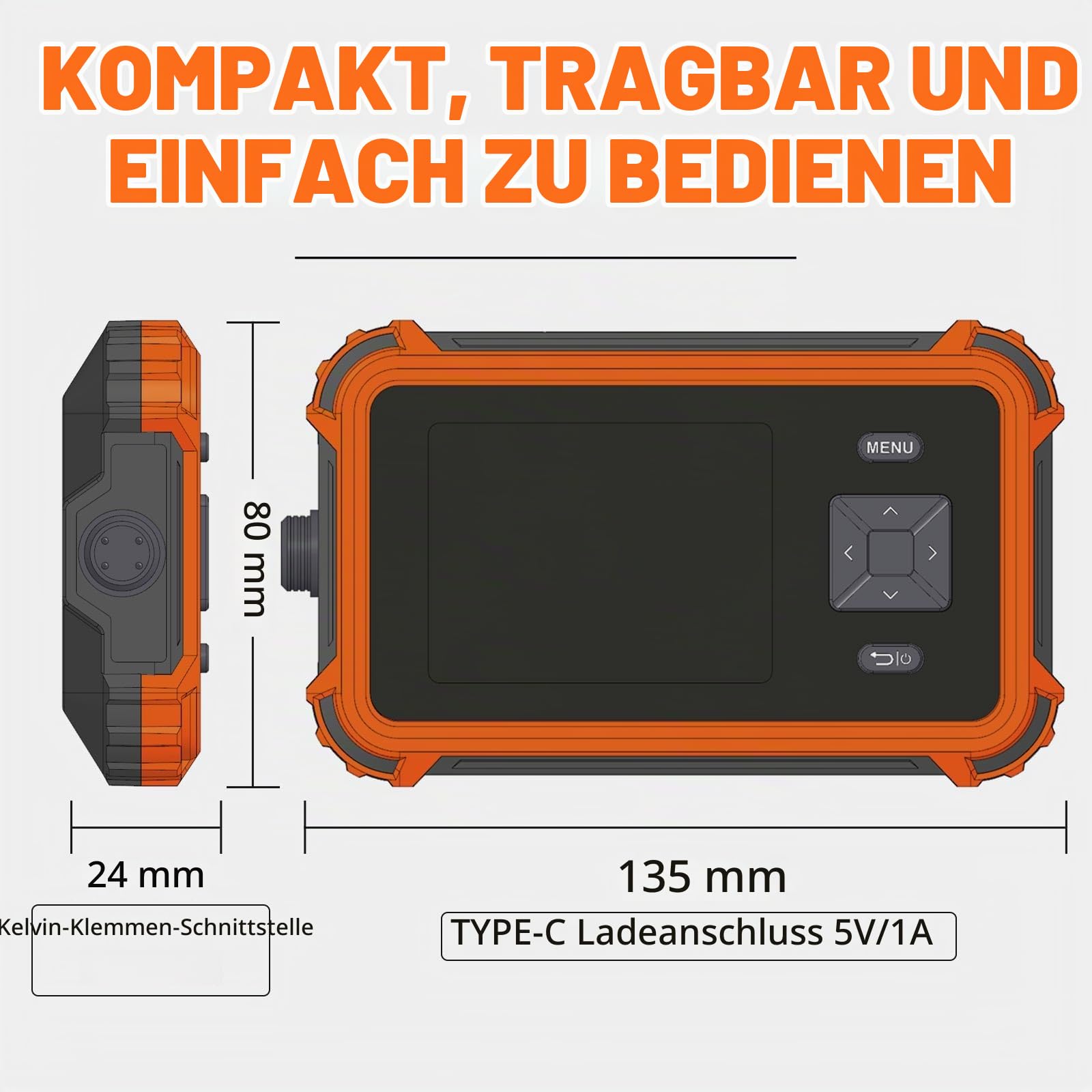 Batterie-Innenwiderstandsmessgerät PBRM-1 mit 4-Draht-Kelvin-Klemmen, 110 V, 100 Ω, 1 kHz Wechselstrom, Tragbares 2,8-Zoll-TFT-Display-Voltmeter, Sortiermodus für Haushalts-/Autobatterietester