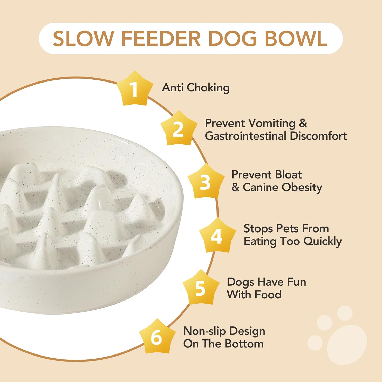 Havniva Ceramic 3.2 Cup Dog Bowl Slow Feeder, 9.5 inch Slow Pet Food Dish for Large Dog, Stop Bloat, Preventing Choking(Single Bowl, Vanilla White)